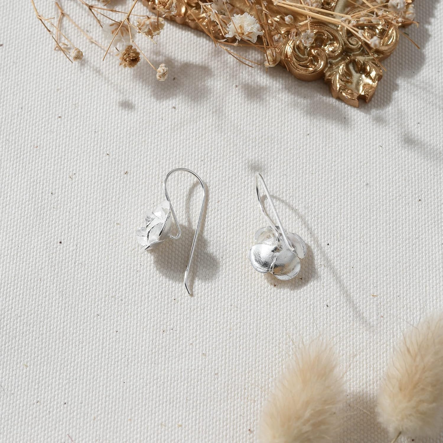 AeraVida Vintage Romance Peony Flower .925 Sterling Silver Slide-Through Dangle Earrings | Sterling Silver Earrings | Silver Earrings Set | Slide Earrings For Women | Earrings Long Chain - Image 5