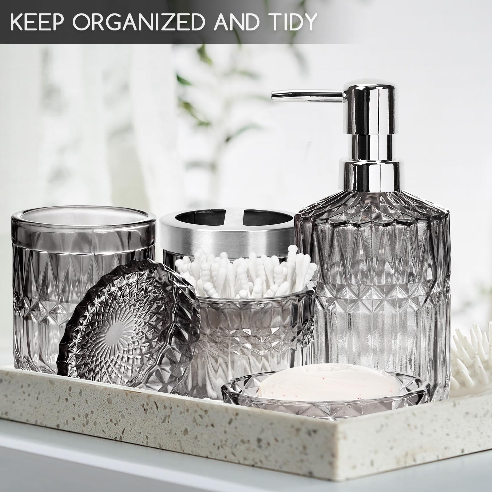Juego de 5 accesorios de baño, dispensador de loción de jabón de vidrio, soporte para cepillo de dientes, vaso, jabonera y tarro organizador, decoración moderna de baño y cocina para maximizar el