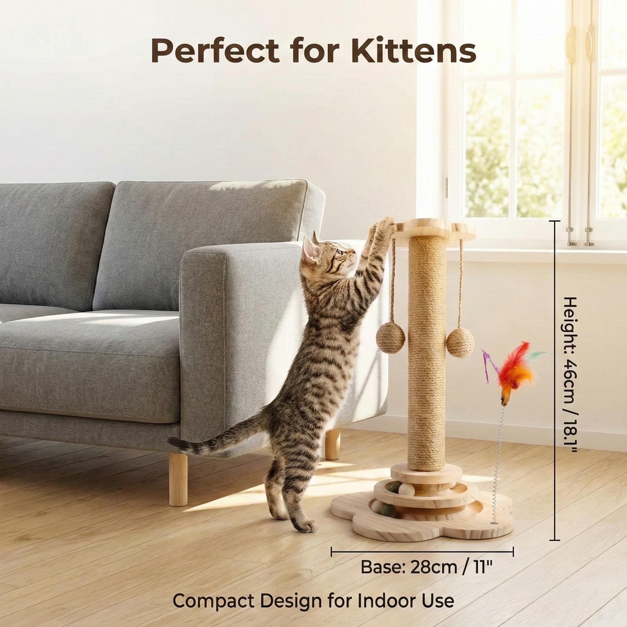 Rascador para Gatitos de Madera - Poste de Rascado Interactivo con Circuito de Bolas y Pluma - Árbol para Gatos Pequeño (46cm) de Cuerda de Yute Natural - Base Antideslizante y Estable (Beige)