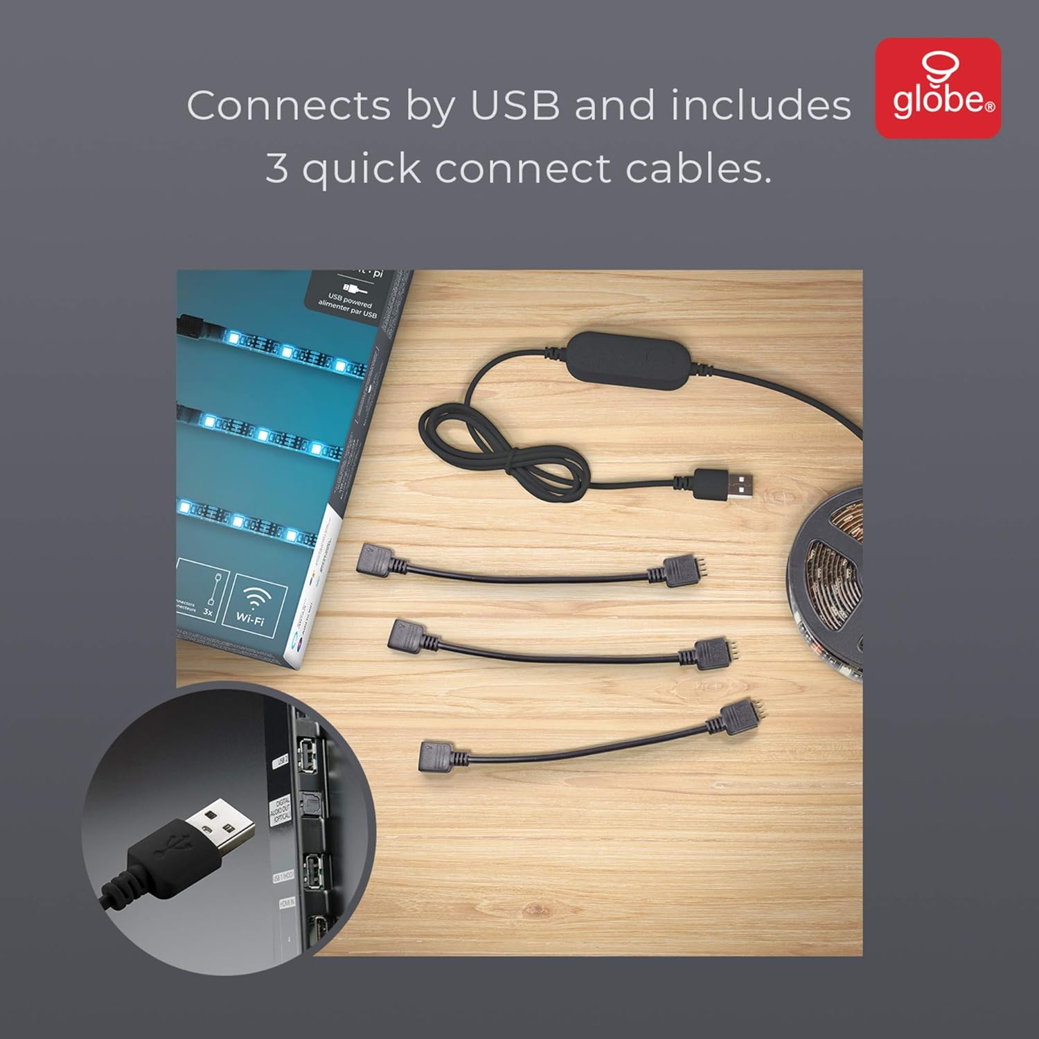 Components of the Globe Electric LED strip light including USB connector and quick connect cables