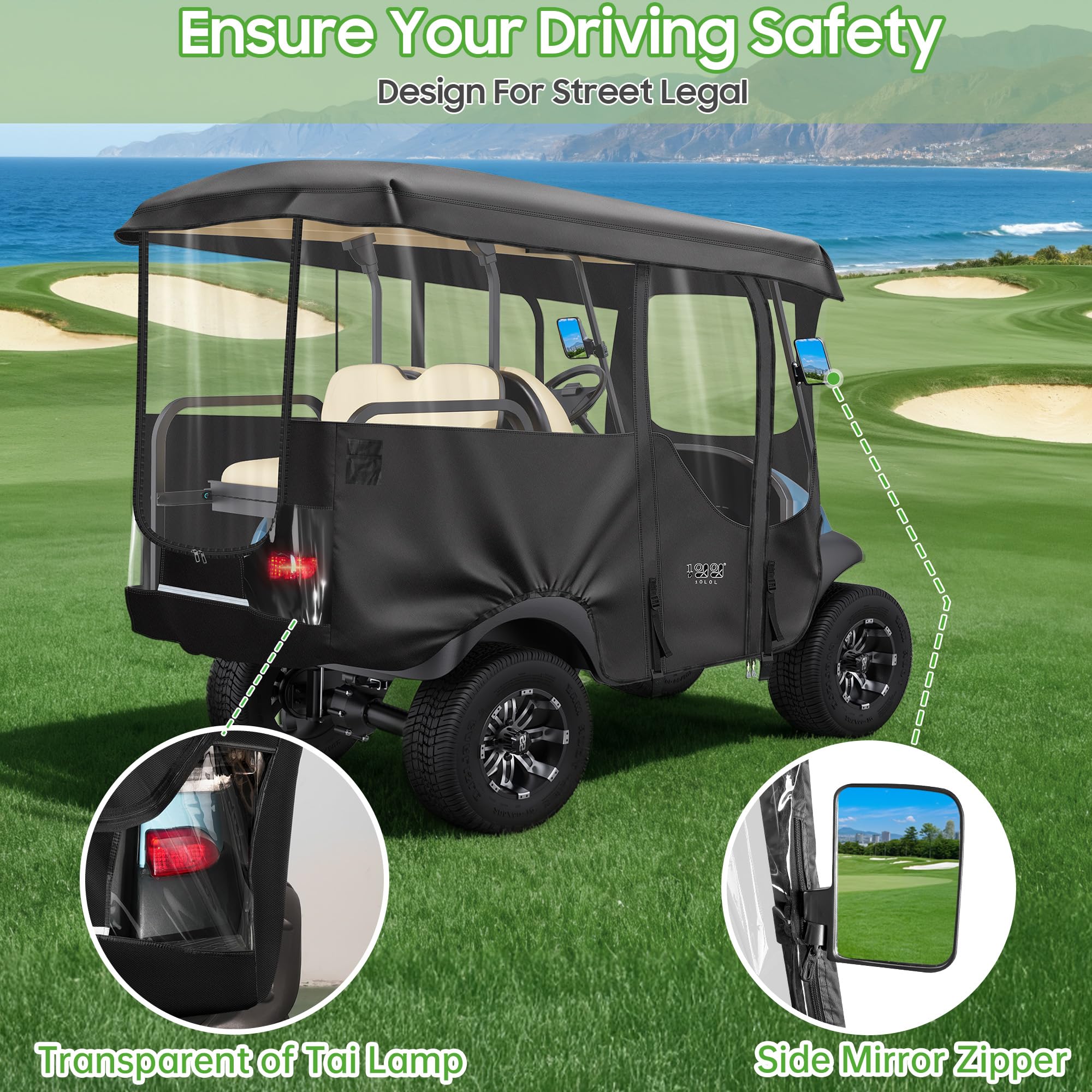 10L0L Funfa Buggy Golf para 4 pasajeros Club Car Precedente 240cm Techo extendido, 600D Cubierta Impermeable de Alta Resistencia con 4 Puertas Aberturas de PVC Transparente para Espejos Laterales