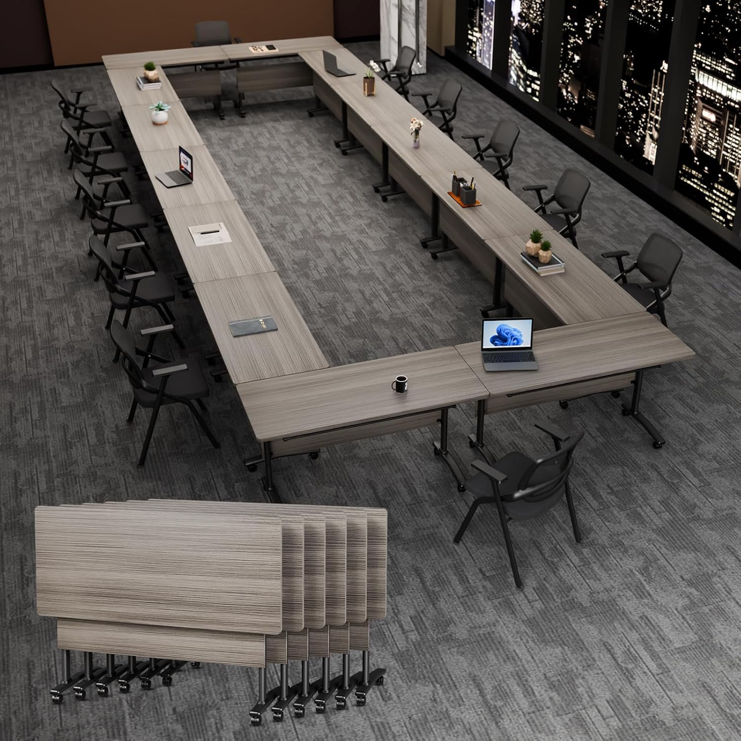 Folding Conference Room Tables with Wheels, Modern Large Modular Conference Room Table, Space-Saving Rolling Conference Table for Office School Classroom (4, Light Gray Oak, 47in)