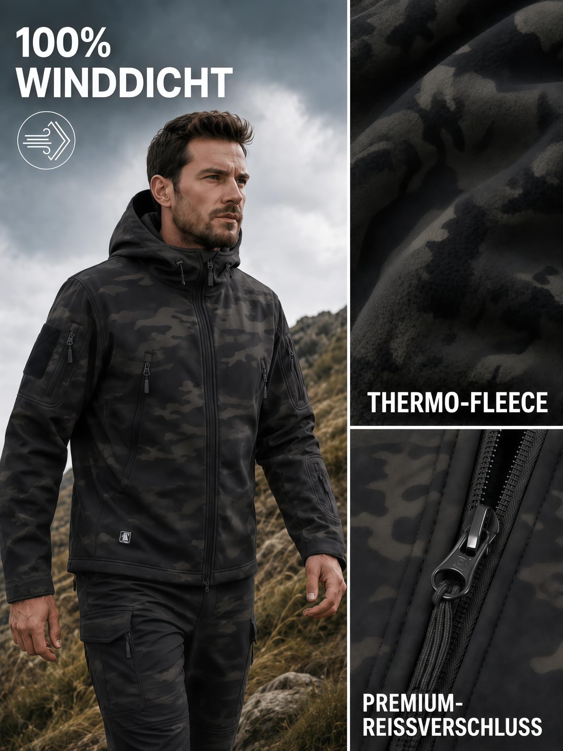 2-Teiliger Taktischer Anzug Herren Softshell | Winter Outdooranzug-Set | Wasserdichte Skijacke & Hose Militär Skianzug für Wandern Jagd Angeln Airsoft Paintball Security Fleece Kampfanzug