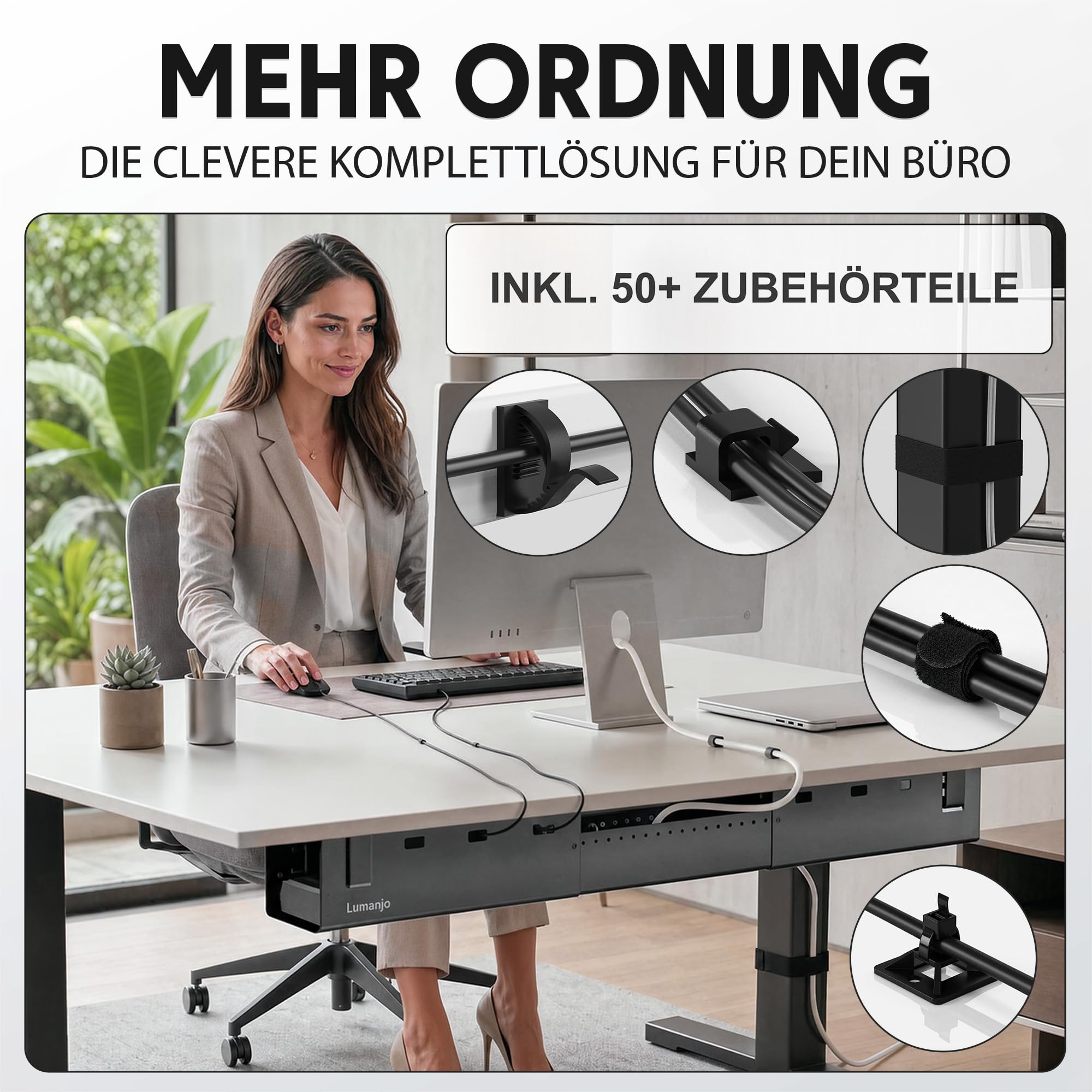 Kabelkanal Schreibtisch ausziehbar 80-112cm - Kabelwanne Schwarz | 3-fach höhenverstellbarer Kabel Organizer. Pulverbeschichteter Stahl. Komplett-Set inkl. 50+ Zubehör, bis 14kg belastbar.