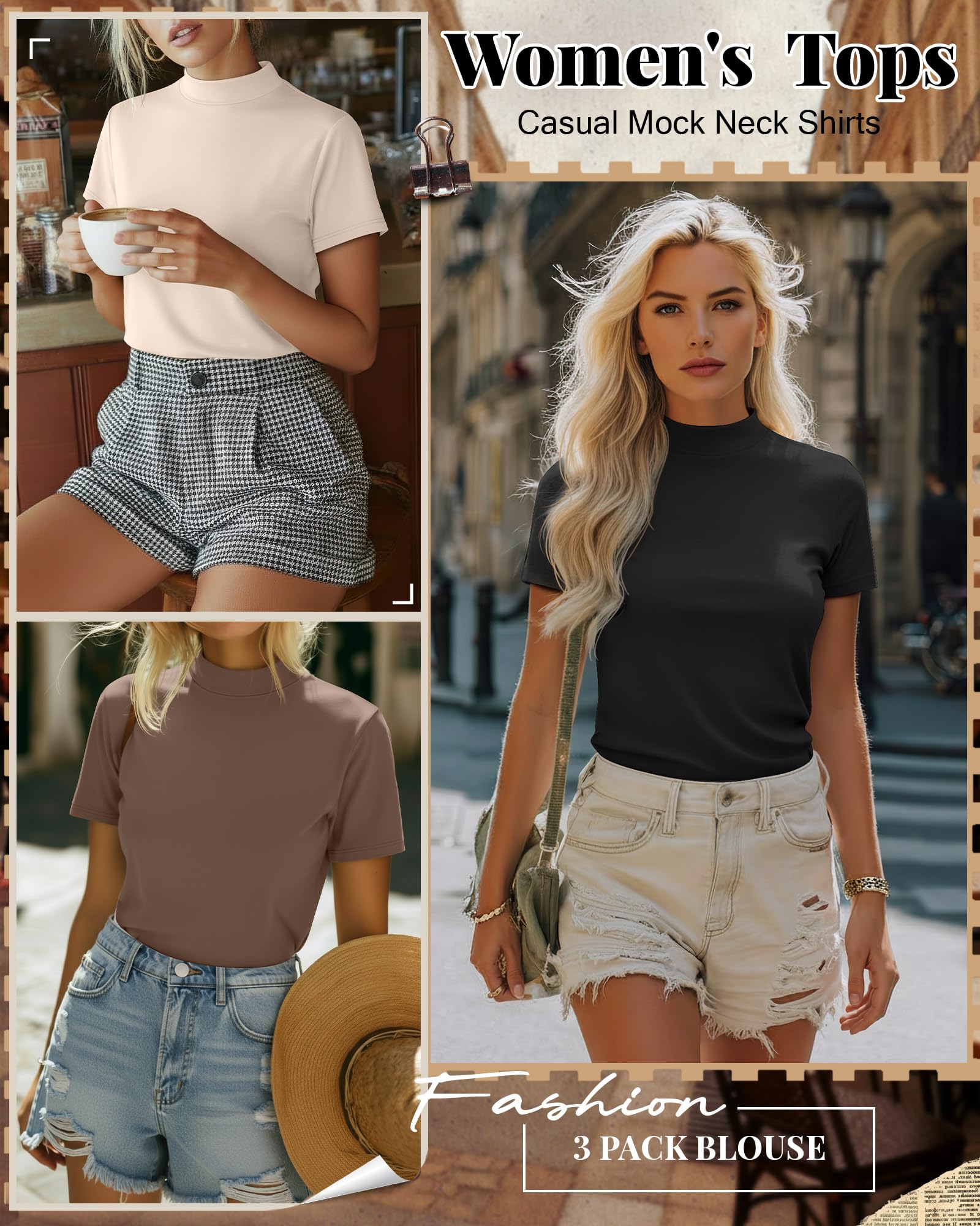 Ficerd Lot de 3 T-Shirts à Col Montant pour Femme, Manches Courtes, Coupe Ajustée, Style Décontracté, Idéal pour l'Été