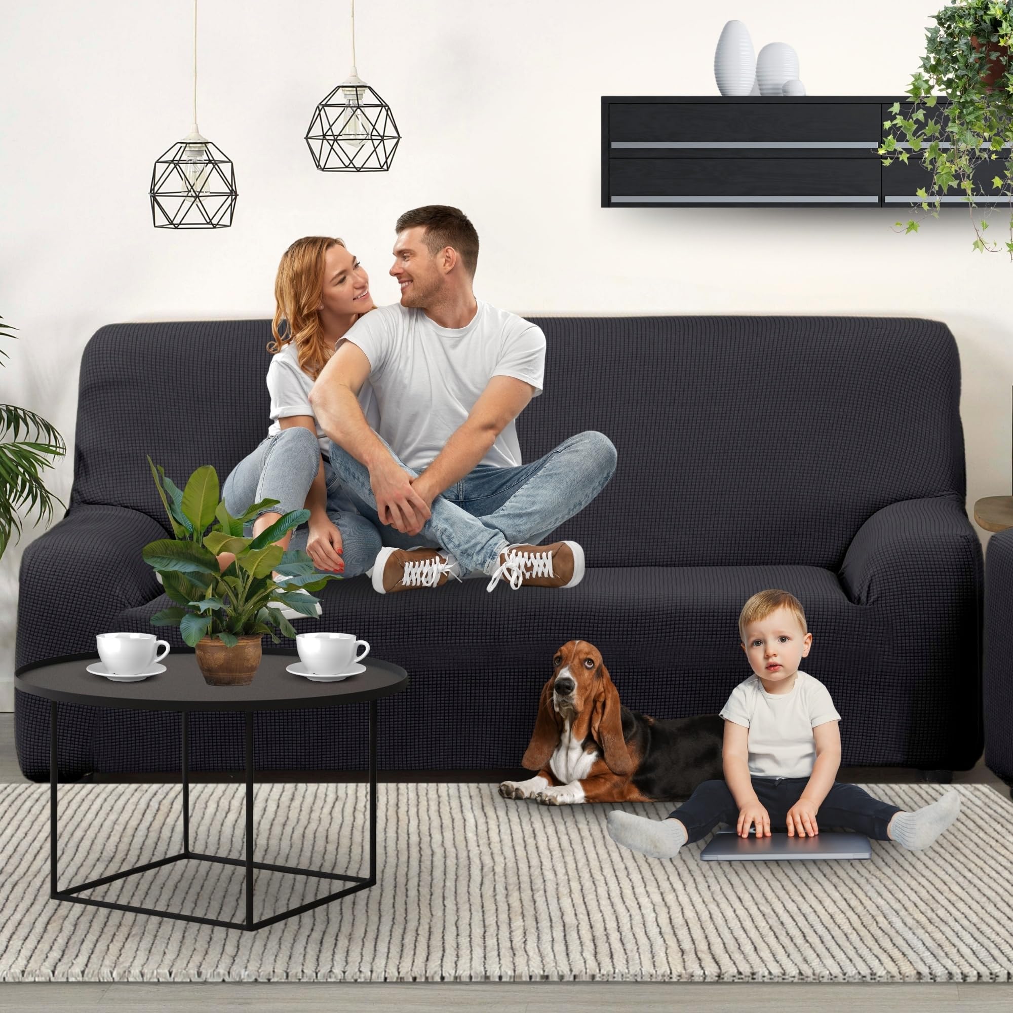 LAN&LAN - Funda Sofa, 3 plazas, Funda Sofá Elástico y Ajustable, Funda de Sofa Cómoda y Lavable, Cubre Sofá Que Previene Manchas de Niños y Pelos de Mascotas (Gris Oscuro)