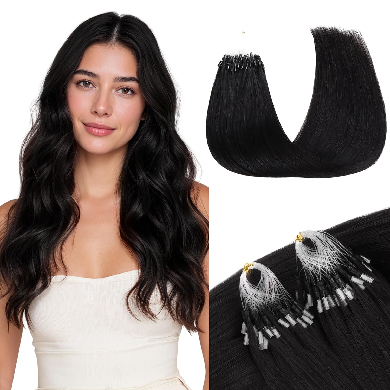 GOO GOO Micro Link Hair Extensions Real Human Hair, Upgraded 100g 100S, 20 Inch Cold Fusion Microlinks, Invisible Remy Hair, Jet Black