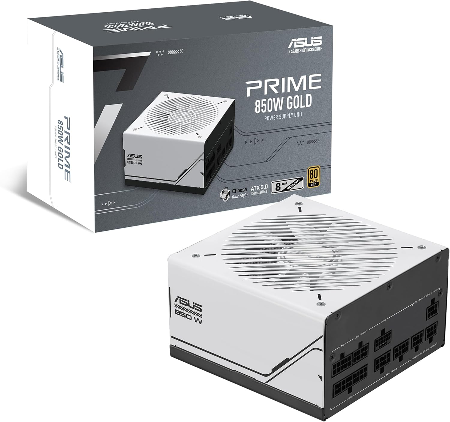 ASUS Prime 850W Gold (850 Watts, ATX 3.1 Compliant, Fully Modular Power Supply, 80+ Gold, Double Ball Bearings, Two Color Options in One, 8 Year Coverage)