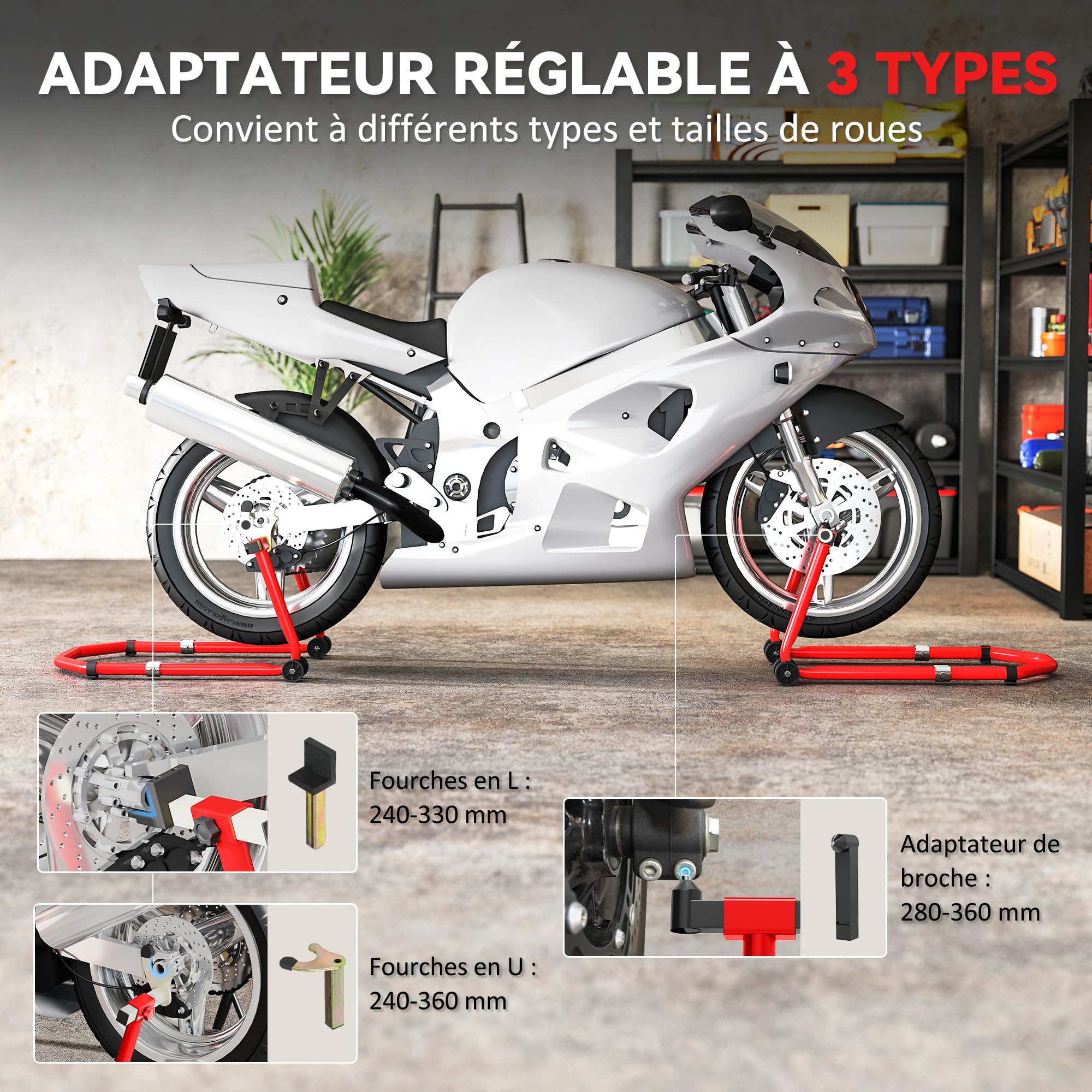 HOMCOM Béquille Moto, Capacité 390 kg, Support Avant et Arrière Réglable avec Fourches U+L, Roues, Clips de Serrage, Béquille Roue Avant Arrière, Rouge