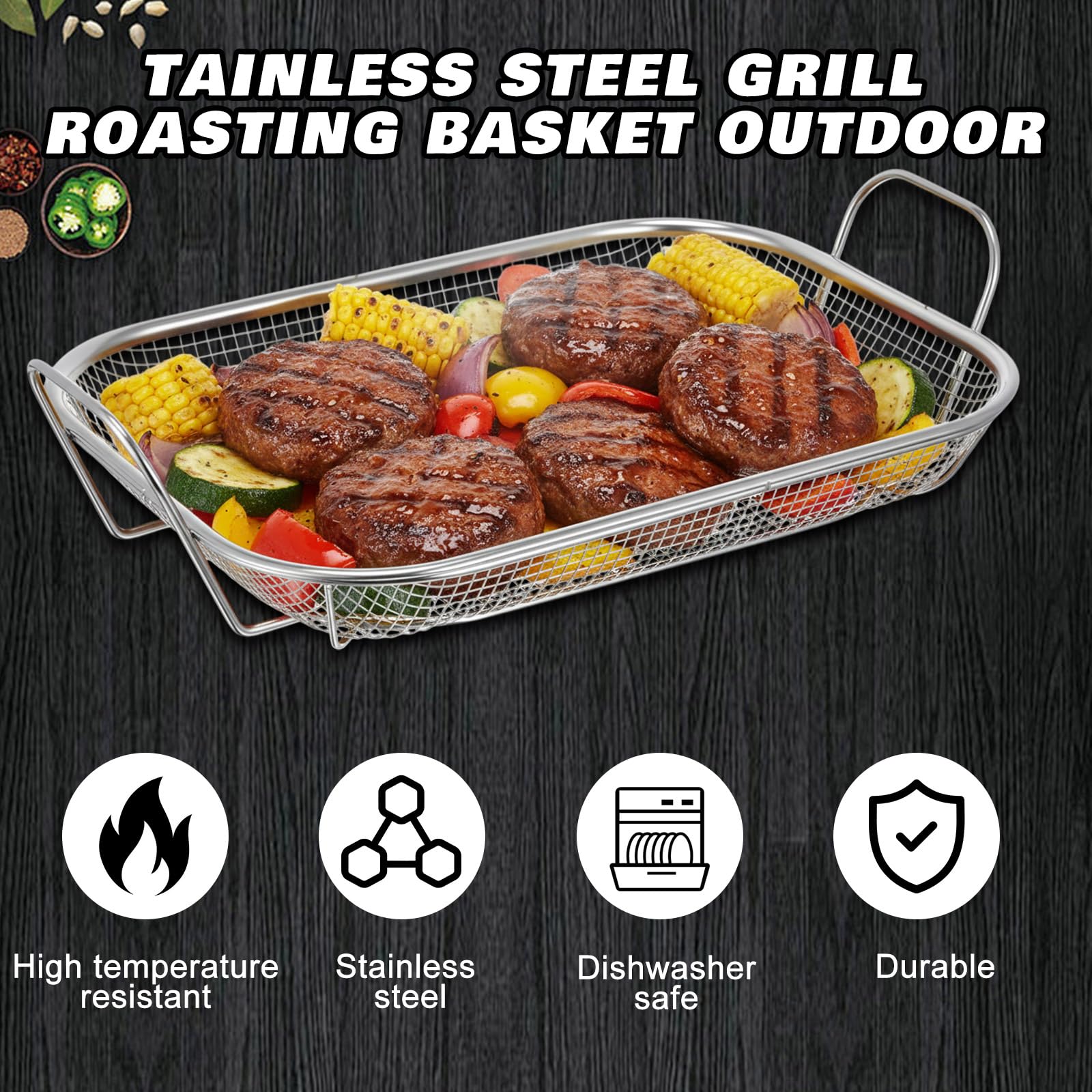 LemonRoad 2 pezzi in acciaio inox griglia arrosto cestino esterno, 38 x 28 cm grande verdure e carne barbecue cestino con due manici, lavabile in lavastoviglie