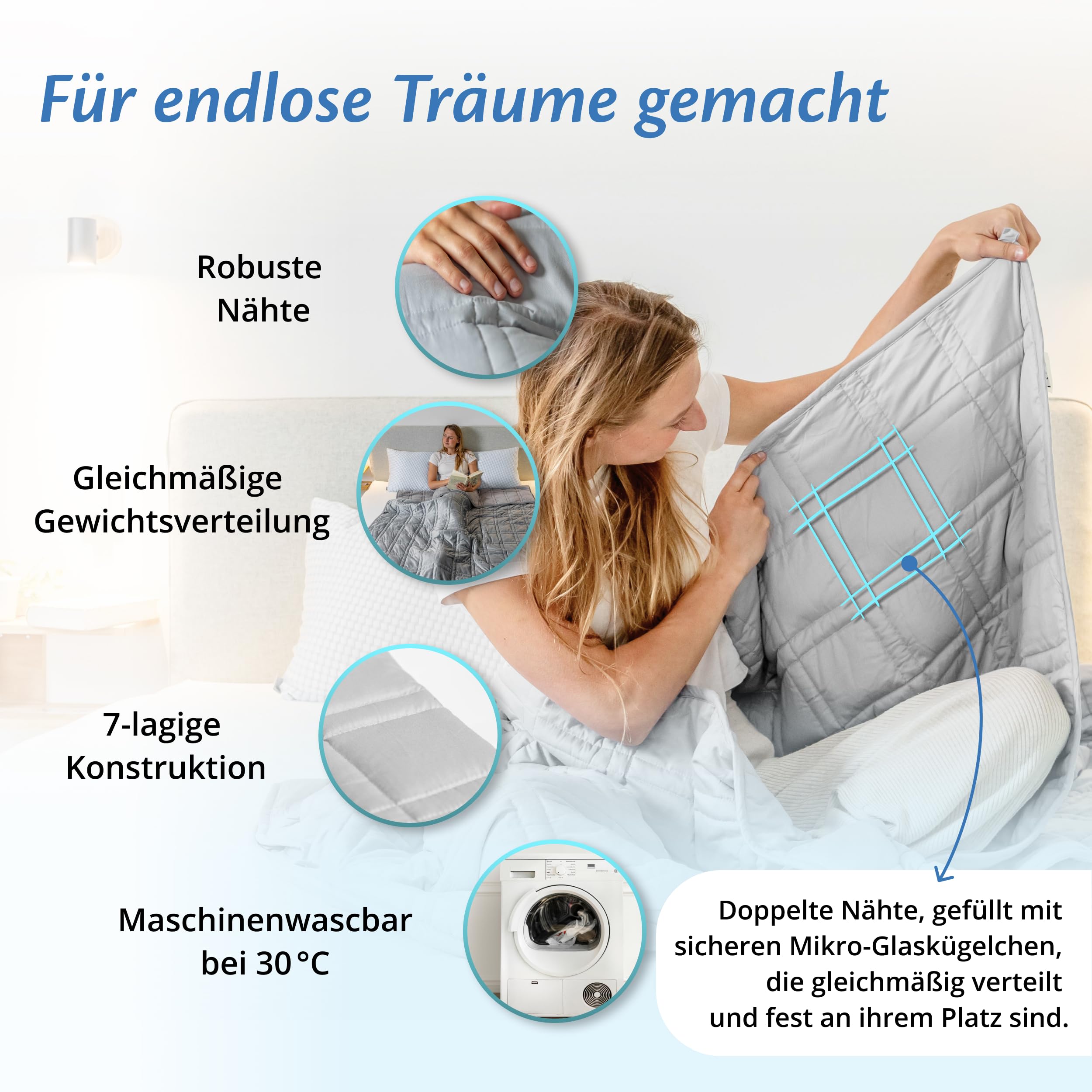Ella Gewichtsdecke 135x200 7kg Anti Stress Therapiedecke 100% Baumwolle Bettdecke für tiefen Schlaf Weighted Blanket Grau