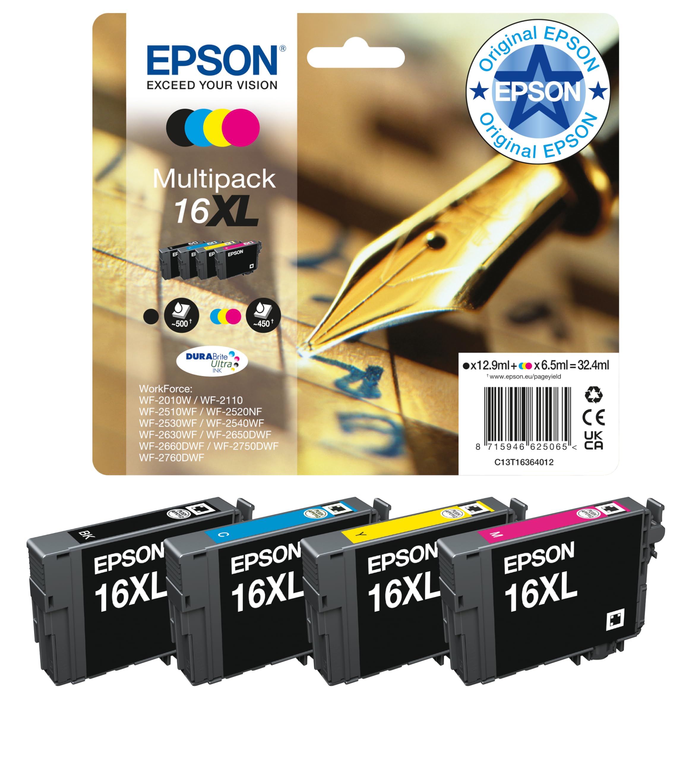 Epson 16XL Pen & Crossword Genuine Multipack, 4-colours Ink Cartridges, DURABrite Ultra Ink