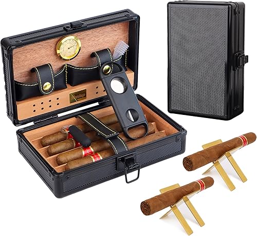 Juego de humidor de cigarros portátil de viaje, higrómetro magnético interior y madera de cedro, 2 soportes dorados para puros, humidificador,