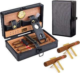 Portable Travel Cigar Humidor Set, Insides Magnetic Hygrometer & Cedar Wood, 2 Gold Cigar Holders, Humidifier, Cigar V Cutter & Cigar Punch, Precious Cigar Case for Christmas, Birthday, Business
