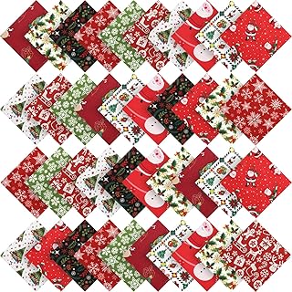 Irenare 50 Pieces Christmas Cotton Fabric Square Quilting Fabric Squares Bundle Sewing Quilting Craft 10 Different Christmas Patterns Patchwork for DIY Christmas Sewing (5 x 5 Inches/ 13 x 13 cm)