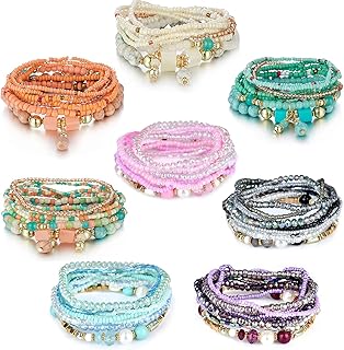 8 مجموعات من اساور خرز بوهيمية قابلة للتكديس للنساء من فينزور، اساور بوهيمية قابلة للتمدد متعددة الطبقات، مجوهرات بوهو متعددة الالوان