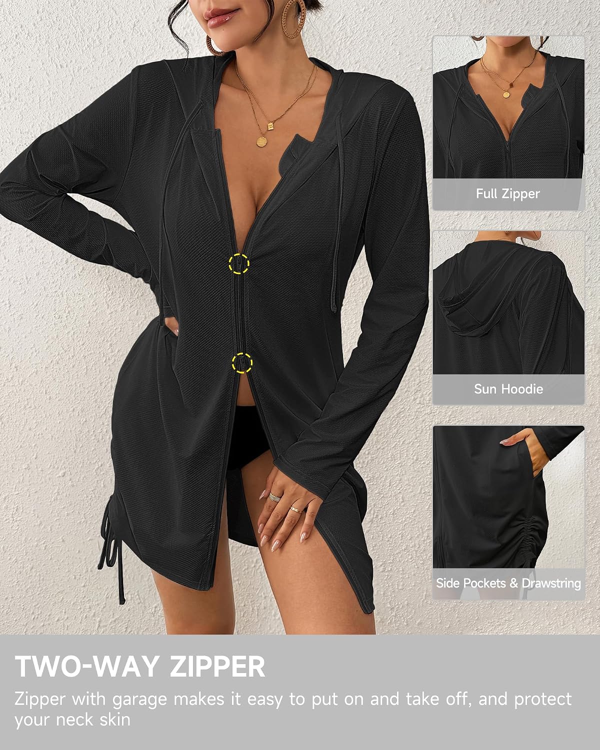 Bsubseach Womens Swim Cover Up UPF 50+ Long Sleeve Hooded Zip Jacket Sun Protection SPF Drawstring Beach Coverup Dress