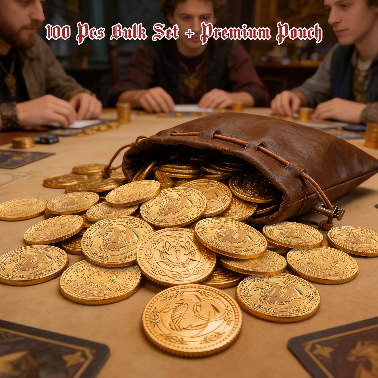Dragon Yue DND pièces en métal dorées lot de 100 avec pochette en cuir, ensemble de trésor pour donjons et dragons accessoires RPG