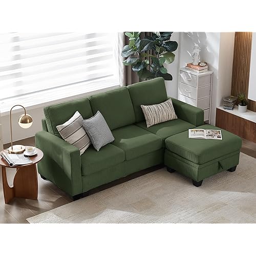 CHIC HOUSE Corduroy Modular Sectional Couch with Ottoman Chaise, L/U Shaped Sleeper Sofa for Living Room, Apartment, Lounge, Modern Armrest Neck Support Furniture (4 Seater Sectional, Green)