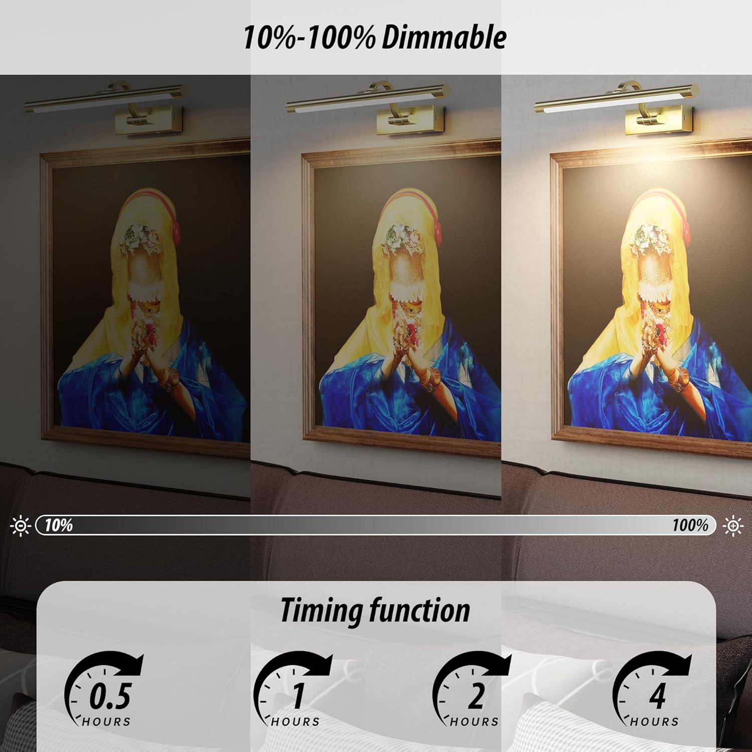 Brass Picture Light for Wall - 16inch Dimmable & Rechargeable Art Light with 25H Light Time, Angle Adjustable, 3 Color Temperatures Timer - Perfect for Paintings and Home Decor