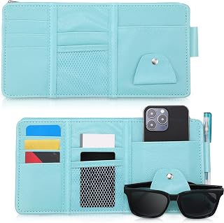 BOAO 2 Pack Car Sunvisor Organizer, Large, Blue | Multi Pocket Storage, PU Leather with Card Slots, Zipper Pocket, for Vehicle Registration Insurance Sunglasses Accessories