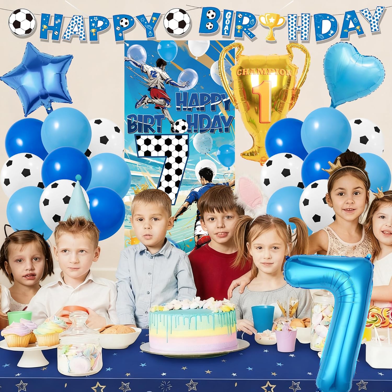 7th Birthday Soccer Party Decorations - 24 Pcs Blue Football Theme Happy Birthday Banner Backdrop Number 7 Trophy Star Heart Foil Balloons Set for Boys 7 Years Old Soccer Sports Party Decor Supplies - Image 4