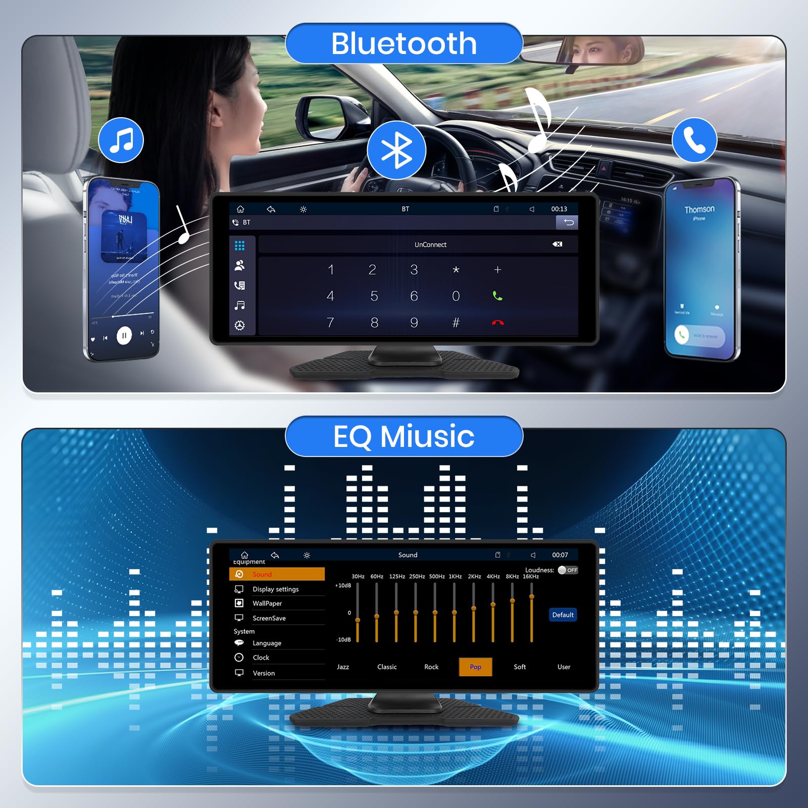 CarPlay e Android Auto Senza Fili, Hodozzy 10,26 Pollici Stereo Auto Portatile Bluetooth con IPS Schermo, Carplay Schermo con Mirror Link/Controllo Vocale/AUX/USB+Telecamera Retromarcia