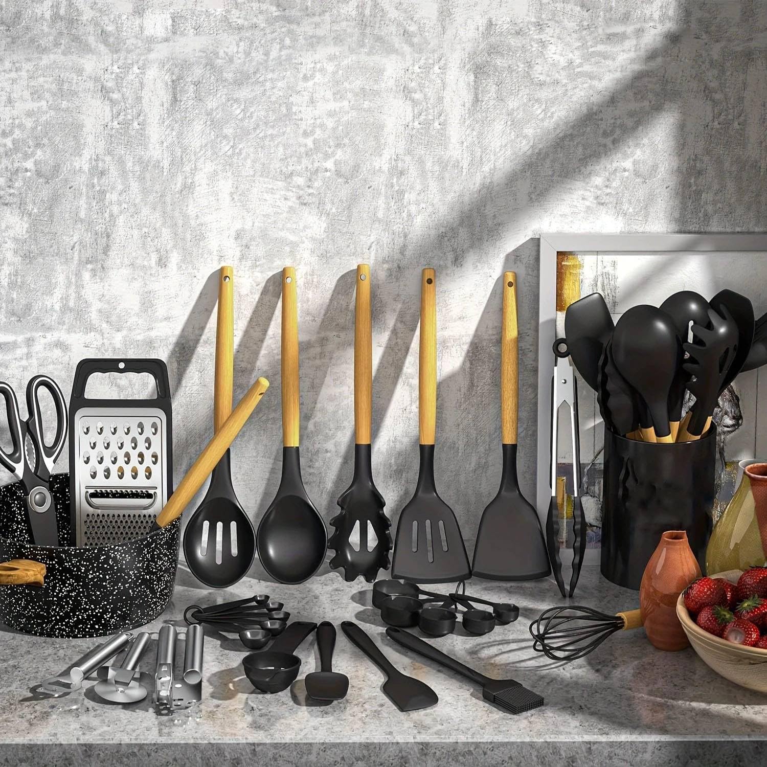 Silikon Küchenhelfer Set Kochlöffel Set Premium Kochutensilie Mit Antihaft-Beschichtung Hitzebeständiger Kochbesteck Set Spülmaschinengeeignet Mit Utensilienhalter Ideal Für Alle Kochgeschirr Pfannen