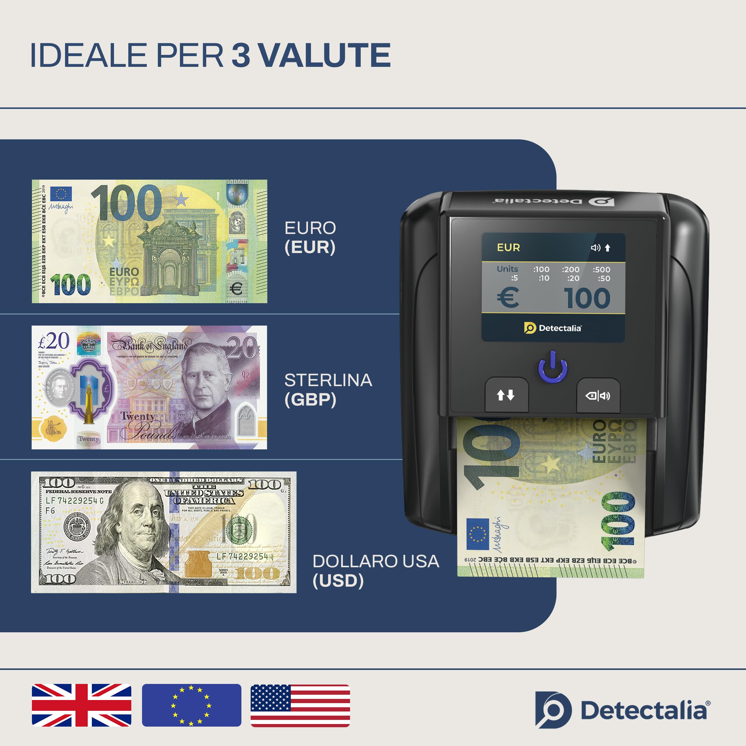 Detectalia D7T+ Rilevatore di banconote false con 100% rilevamento, 5 sistemi di rilevamento per 3 valute EUR, GBP, USD e Display a colori TFT