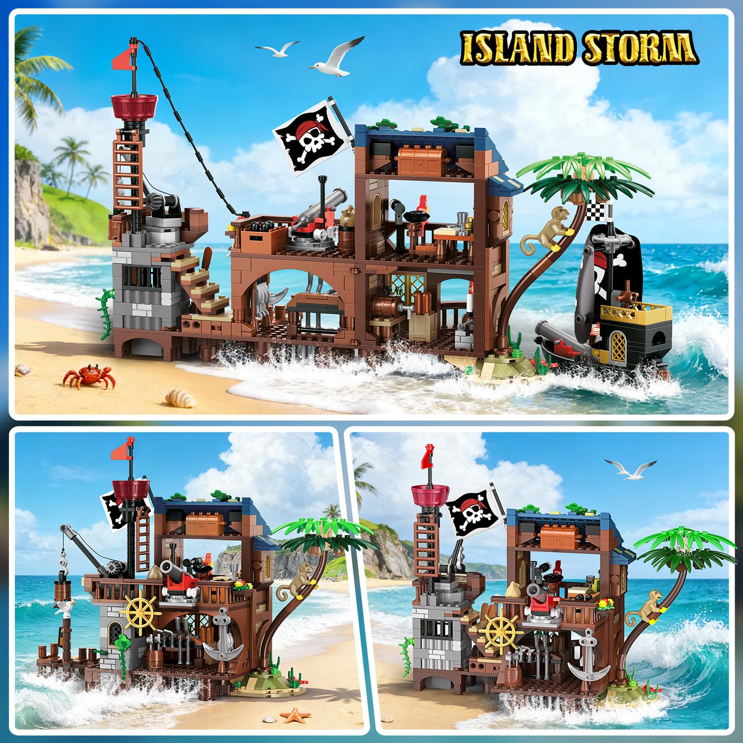 HOGOKIDS Set di costruzioni Porto dei Pirati LED, 3 modalità di visualizzazione, Nave dei Pirati, Giocattolo di costruzione creativo STEM, compleanno per bambini dai 6 ai 12 anni