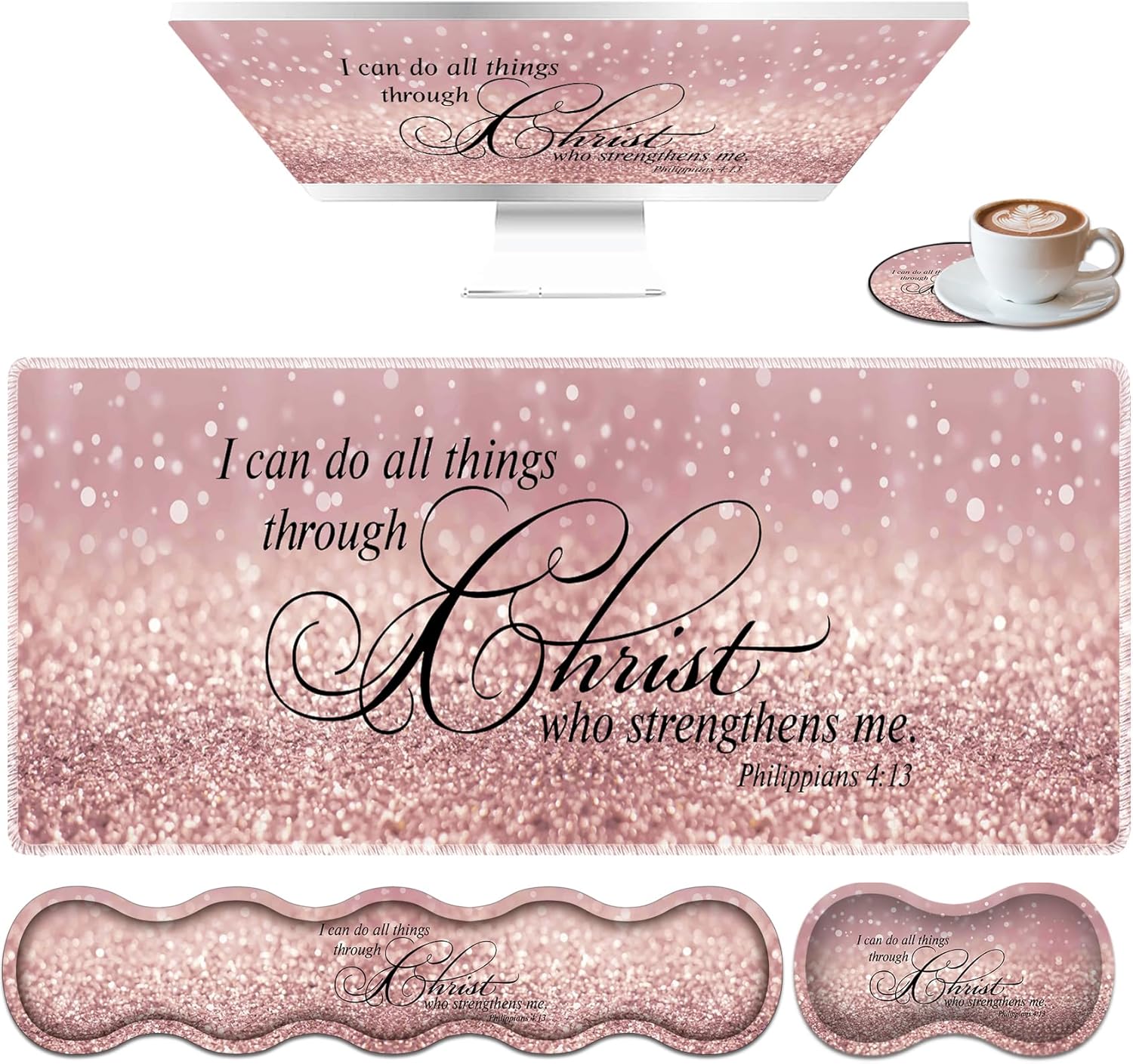 Large Mouse Pad Set, Desktop Mouse Pad + Keyboard Wrist Pad + Mouse Wrist Pad + Coaster, Ergonomic Memory Foam Multi-Functional Desk Mat - Bible Verse Pink Glitter Phil 4-13