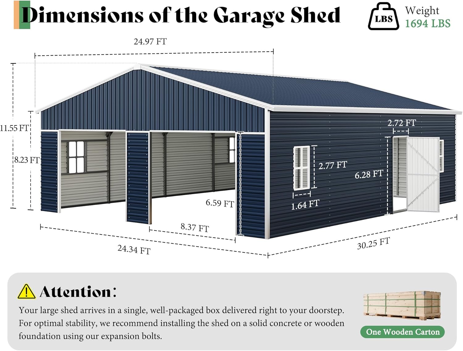 AMERLIFE 25x30x11.5 FT Outdoor Metal Garage Shed with Front Double & Side Hinged Doors, Extra Large Storage Shed with 4 Windows, Carport for Bass Boats, Full-Sized Pickups and Tractors