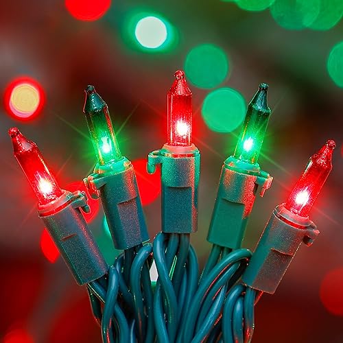 HEYFUNi Juego de 50 luces de Navidad rojas y verdes, alambre verde de 13 pies, incandescentes, tradicionales, para uso en interiores y exteriores, HEYFUNi Juego de 50 luces de Navidad rojas y verdes, alambre verde de 13 pies, incandescentes, tradicionales, para uso en interiores y exteriores,