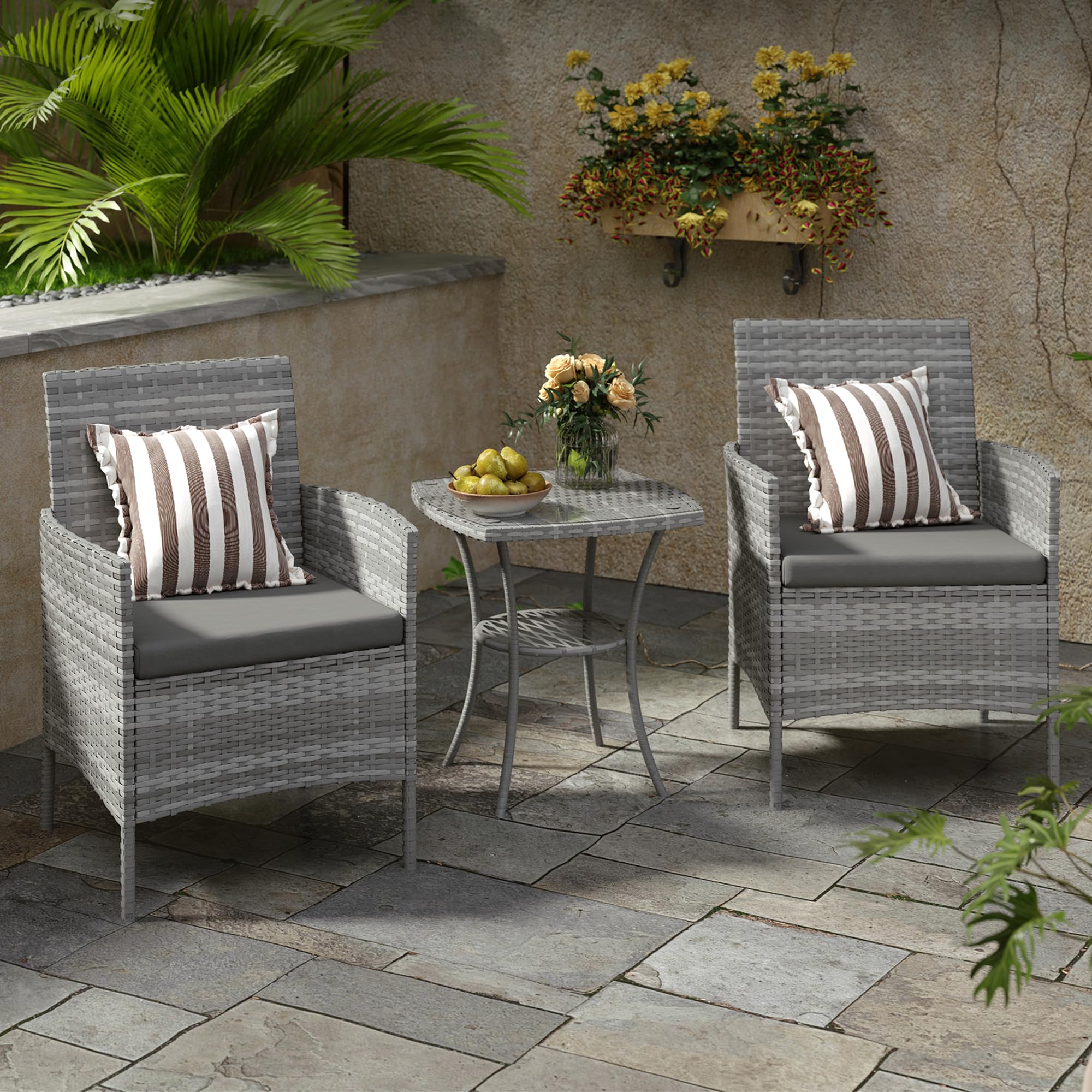 Amopatio Conjunto Muebles Jardín Ratán 3 Piezas, 2 Sillones con Cojines y Mesa de Centro, Sofá Exterior Terraza con Vidrio Templado, para Terraza, Patio y Balcón Colores: Gris