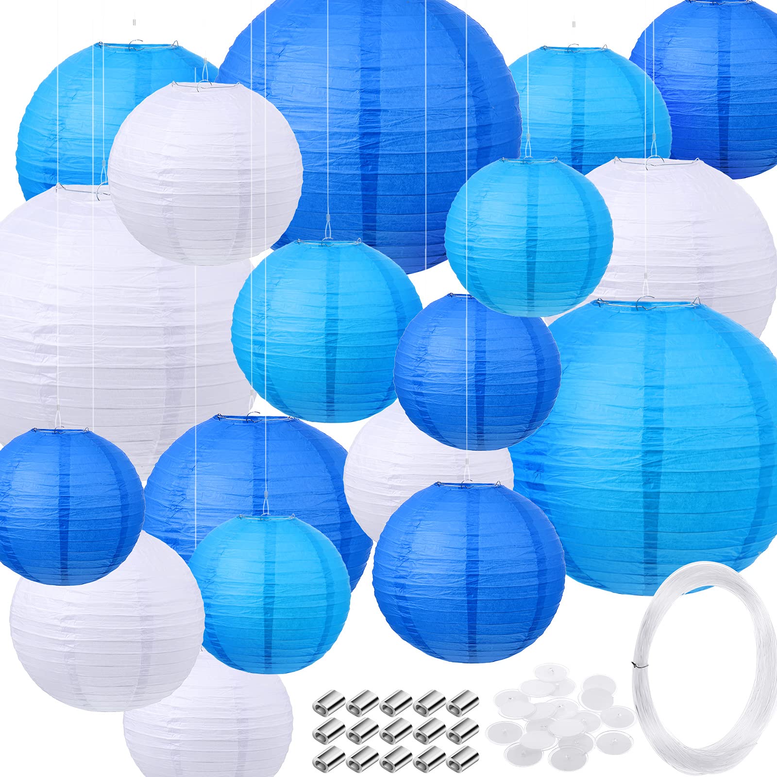 Pelopy 18 Pcs Dark Blue, Blue, White Paper Lanterns 4/6/8/12