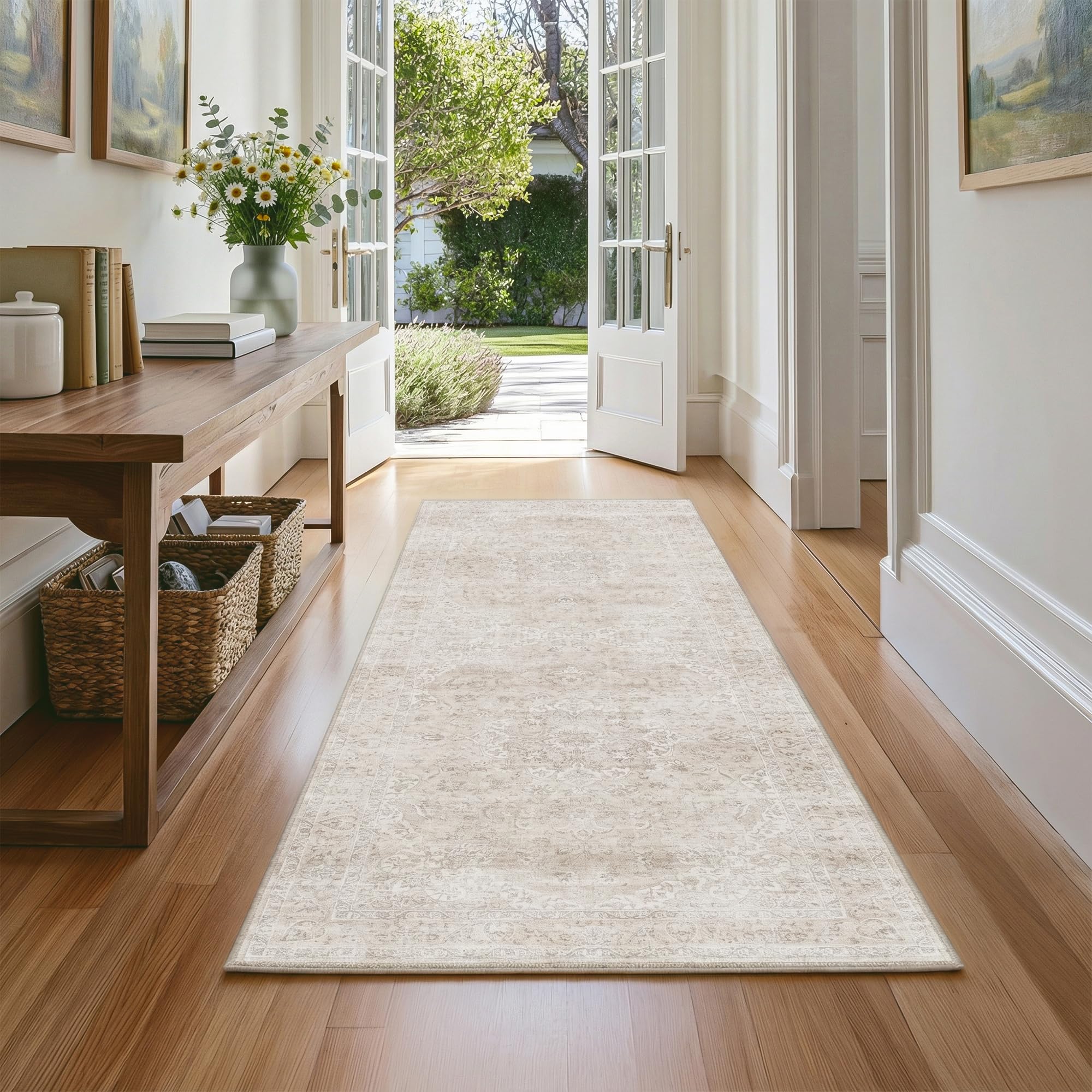 Beauoop Hallway Runner Rug Beige Neutral Washable 60x180 cm Non Slip Low Pile Vintage Traditional Indoor Carpet Soft Retro Entryway Thin Rug for Kitchen Living Room Bedroom Bathroom Laundry Entrance