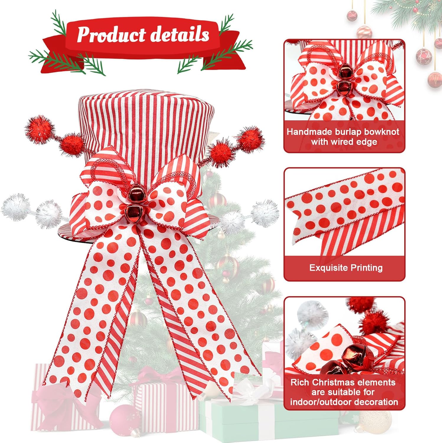 Christmas Tree Topper Hat with Bow, Red and White Stripes Top Hat Ornament with Polka Dot Bow, Winter Holidays Xmas Decor for Home Decoration (Red)