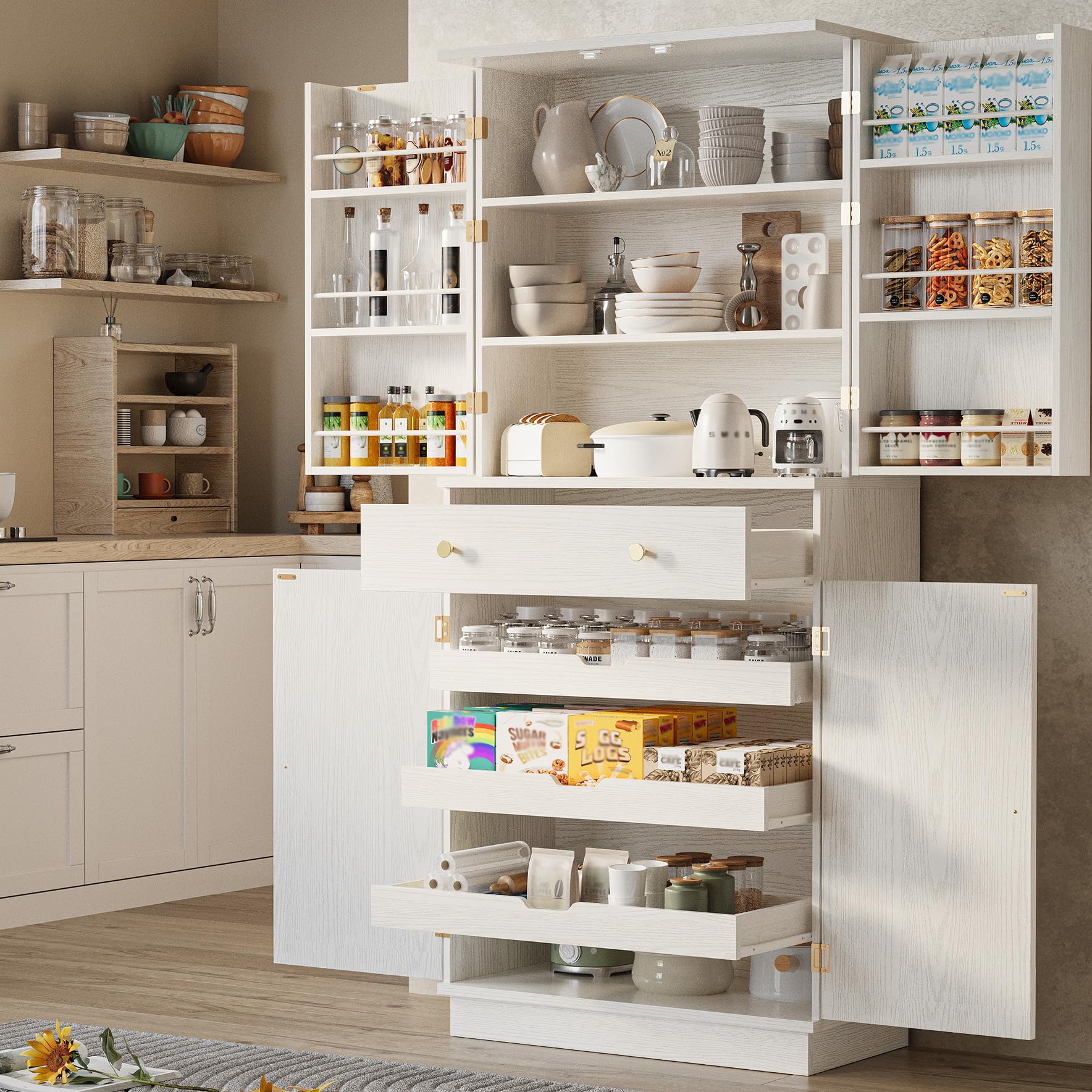 IRONCK 72”Tall Kitchen Pantry Cabinet, Farmhouse Pantry with 2 Pull Doors and Drawer Organizing Board Storage for Home Kitchen Dining Room, White