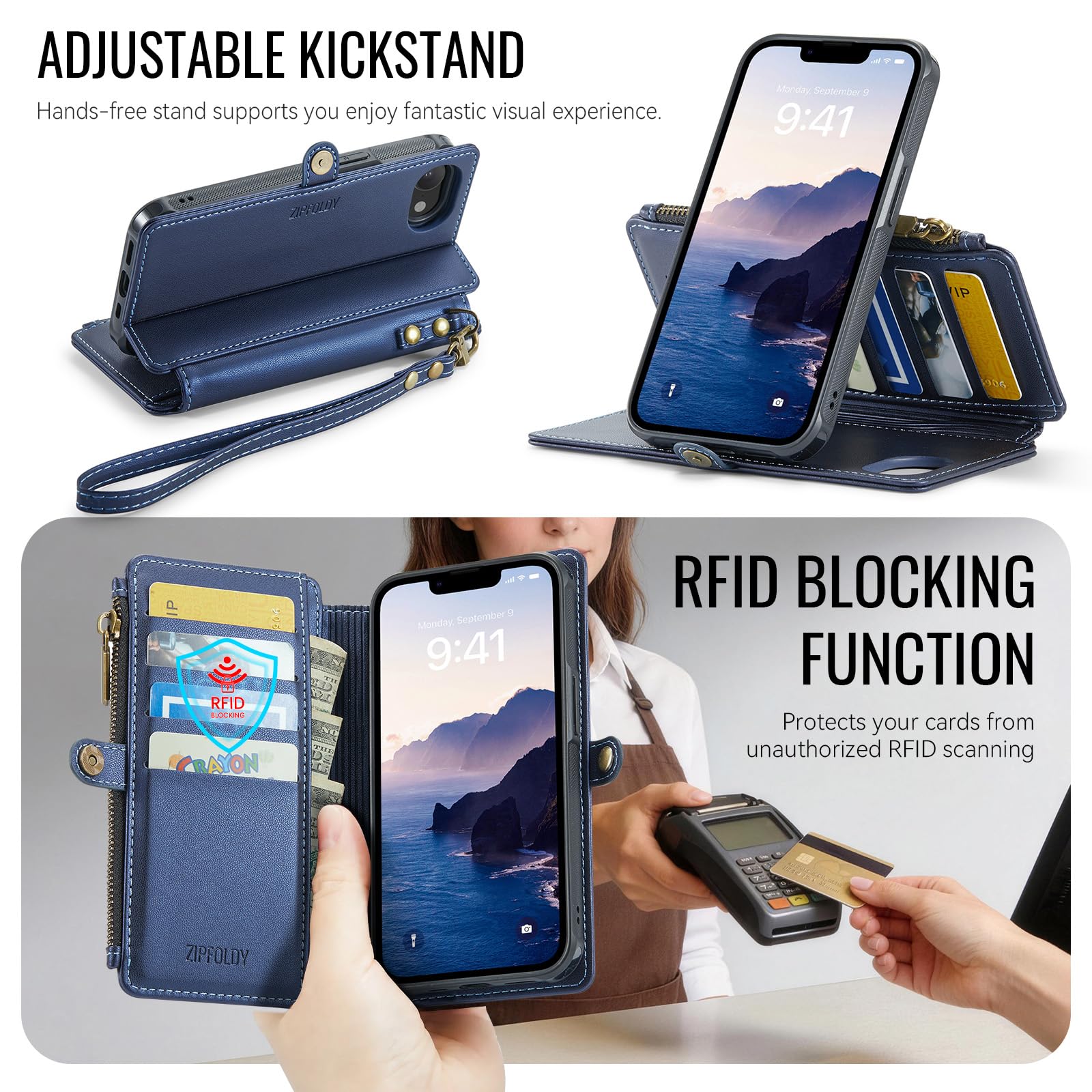 Per iPhone 16E - Custodia a portafoglio magnetica staccabile, blu | Compatibile con Magsafe, porta carte di credito con blocco RFID, tasca con cerniera, cinturino da polso
