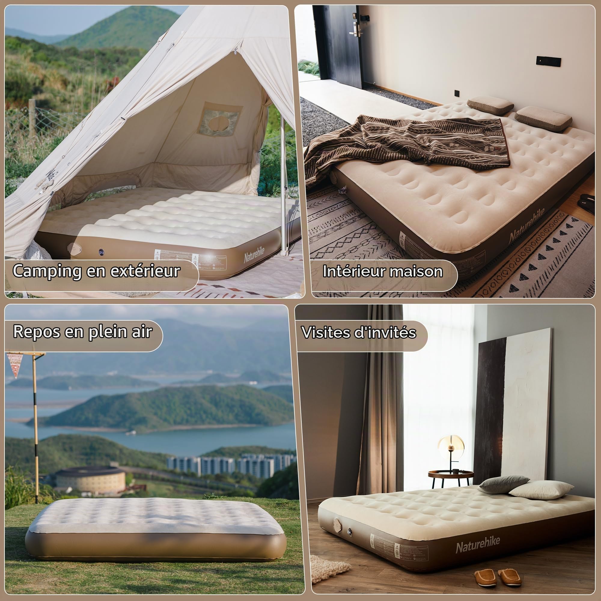 Naturehike Matelas Pneumatique Auto-Gonflant 2 Personnes 200x150x25 cm Pompe Électrique Intégrée 300 kg Charge Max Lit d'Invite Confortable pour Camping et Domicile