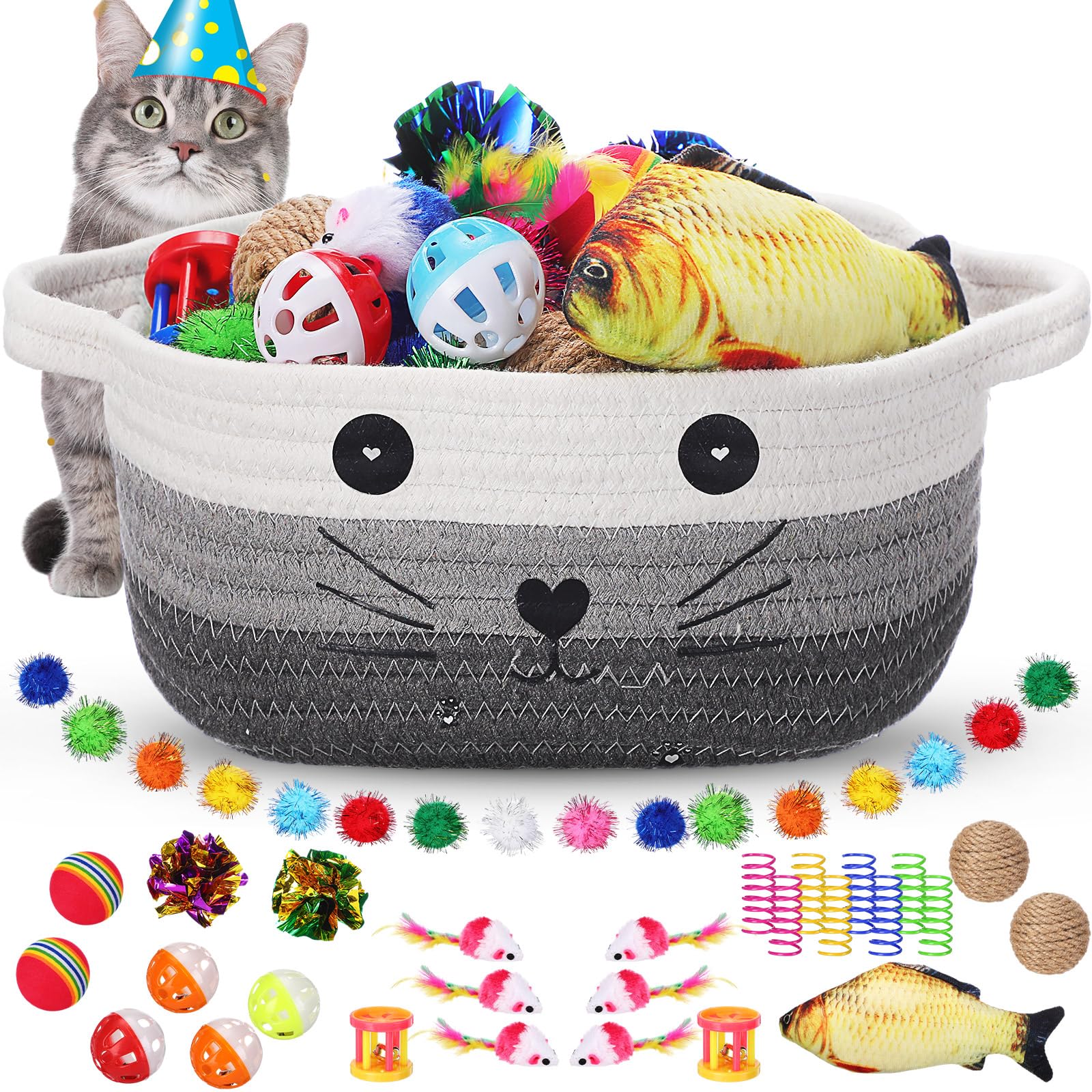 Zopeal 58 Pcs Easter Cat Storage Basket Gift Toys Set, Colorful Flashing Balls Pet Bell Crinkle Balls Spring Toys Attract Cat to Swat, Hunt,