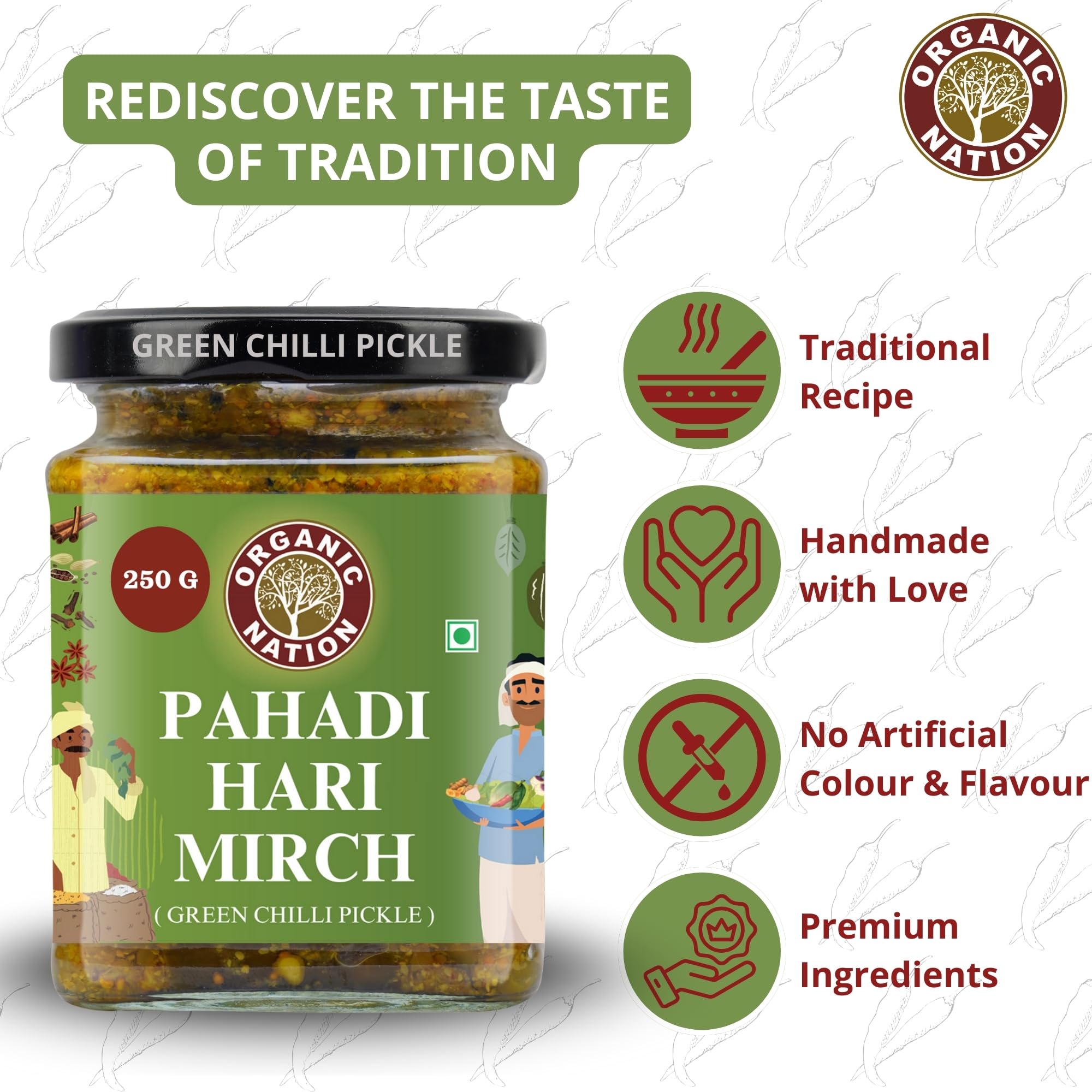ORGANIC NATION Green Chilli Pickle, Pahadi Hari Mirch Achar Masala Flavors, Deliciously Spicy and Tangy, 250g Jar, Perfect for Enhancing Meals, No Preservatives Vibrant Green Color 2