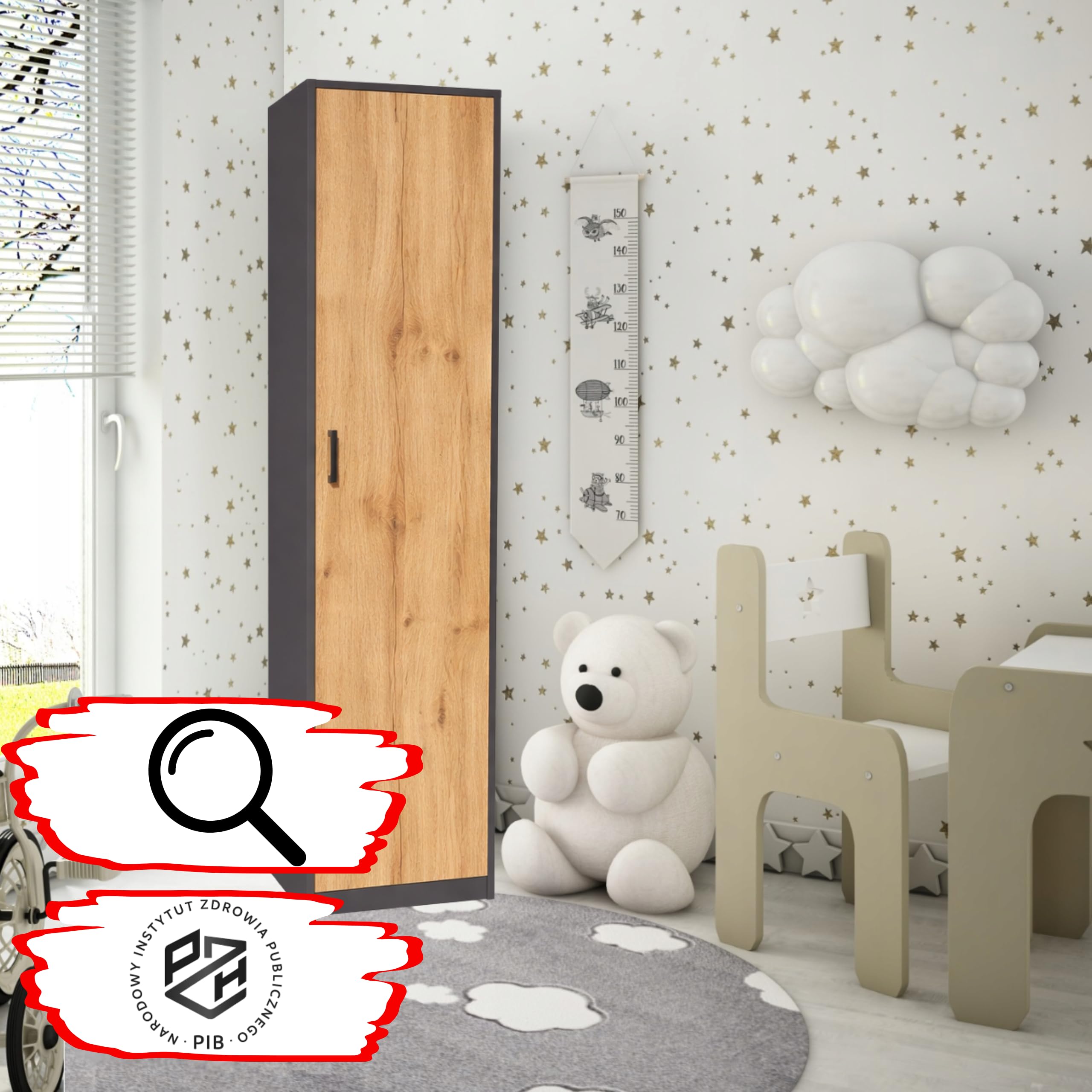 Aktenschrank Graphit/Eiche Wotan 180x40x35 cm Ordnerschrank für Akten 1 Tür und 5 Fächern Schmaler Büroschrank für Homeoffice Mehrzweckschrank Büro Wohnzimmer Flur Hochschrank aus 16 mm Möbelplatte
