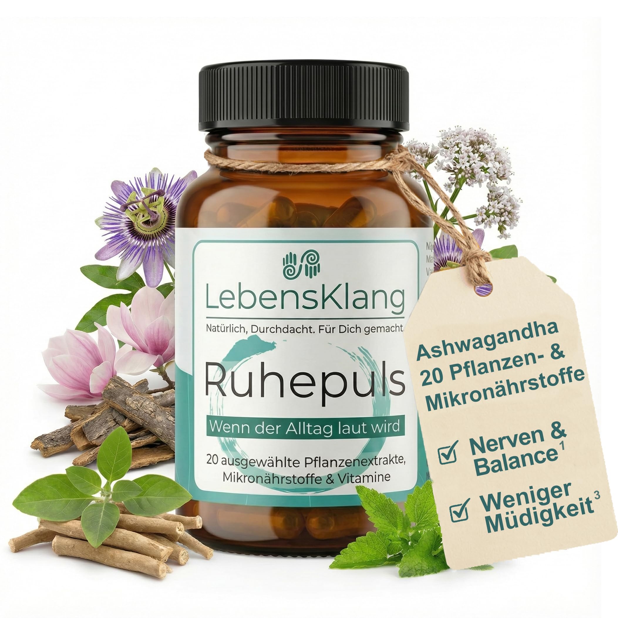 LebensKlang Ruhepuls - Innere Ruhe Für Dein Nervensystem ¹ | Ashwagandha Komplex | Harmony Balance | Entspannung | Gute Laune | Ashwaganda, Passionsblume & Weitere | Nervennahrung Geschenk - 30 Tabl.