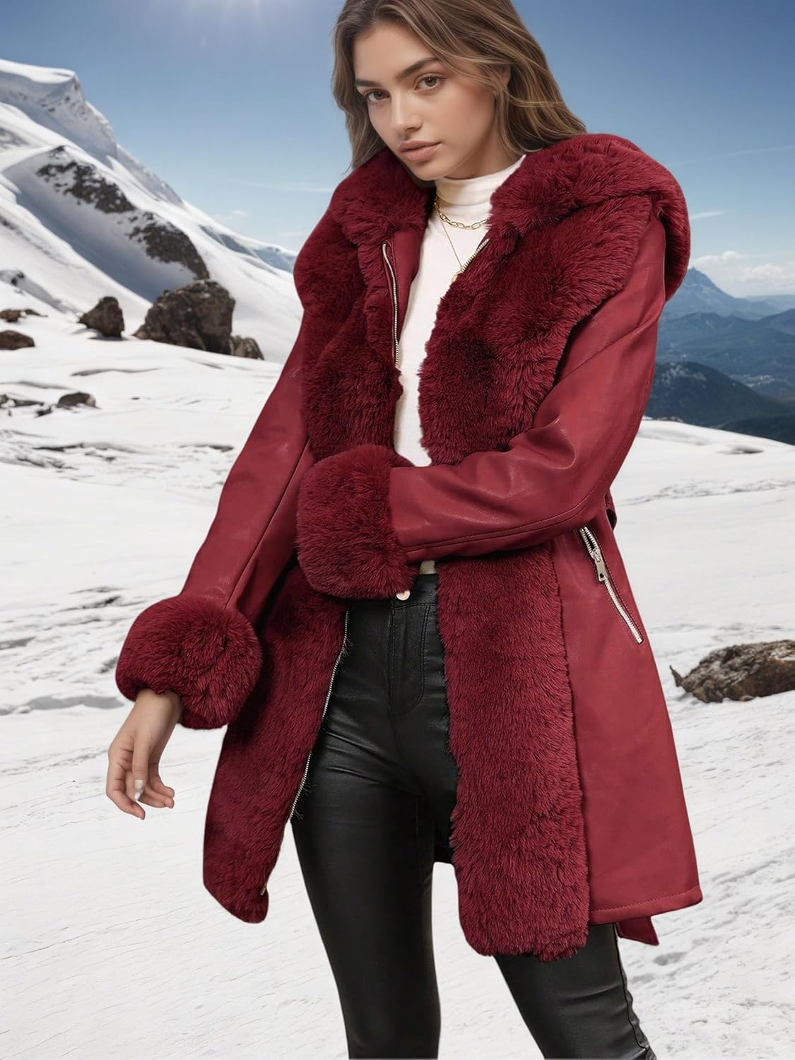 RISISSIDA Luxurious Women Winter Fur Lined Coat, Leather Jacket with Hooded Long Fur Collar, Thick Warm Heavy Overcoat Belted - Image 3