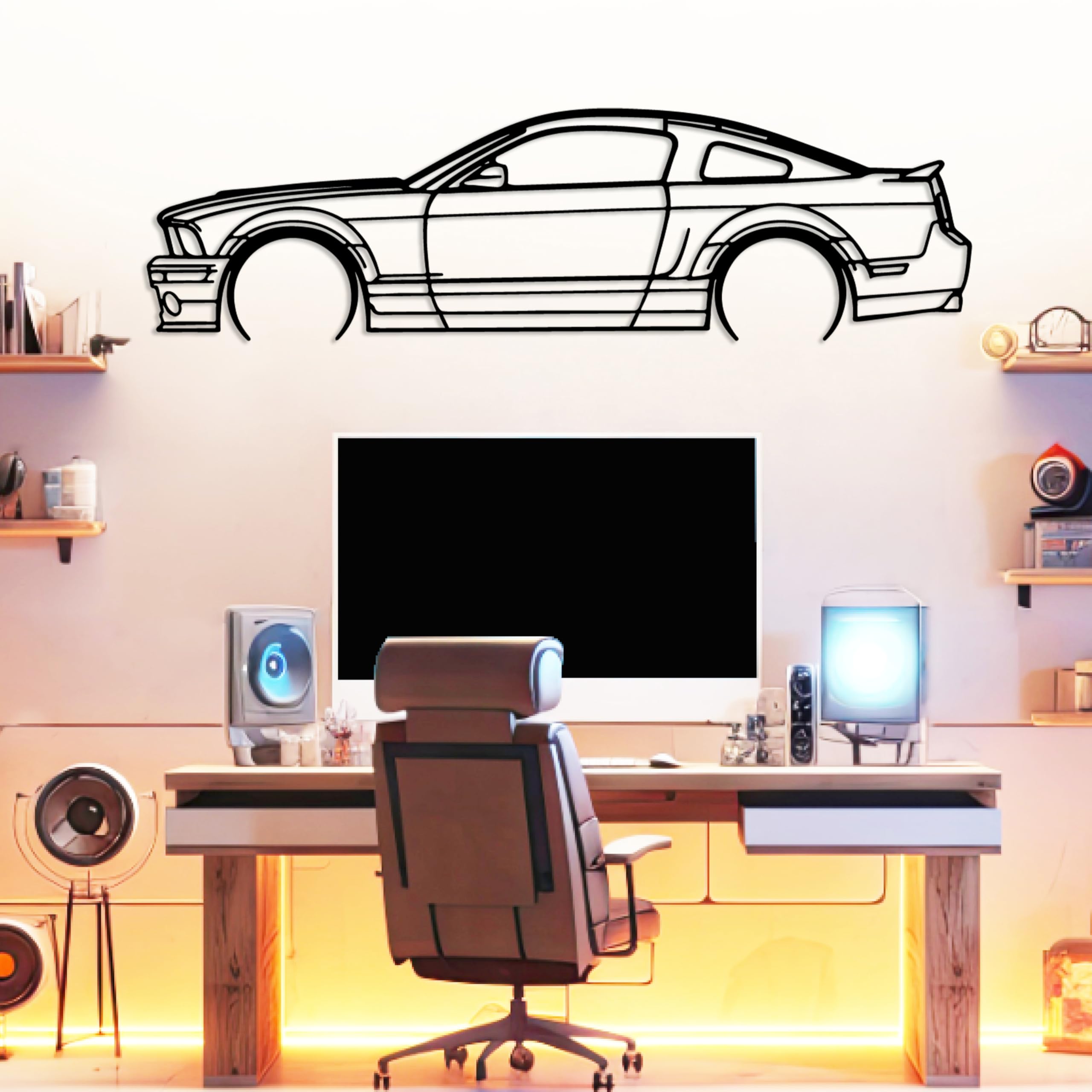 DecoSoul Mustang Metal Car Wall Art, Sports Car, Automotive Silhouette Line Decoration, Minimalist Sculpture for Garage, Indoor Outdoor Wall Hanging,