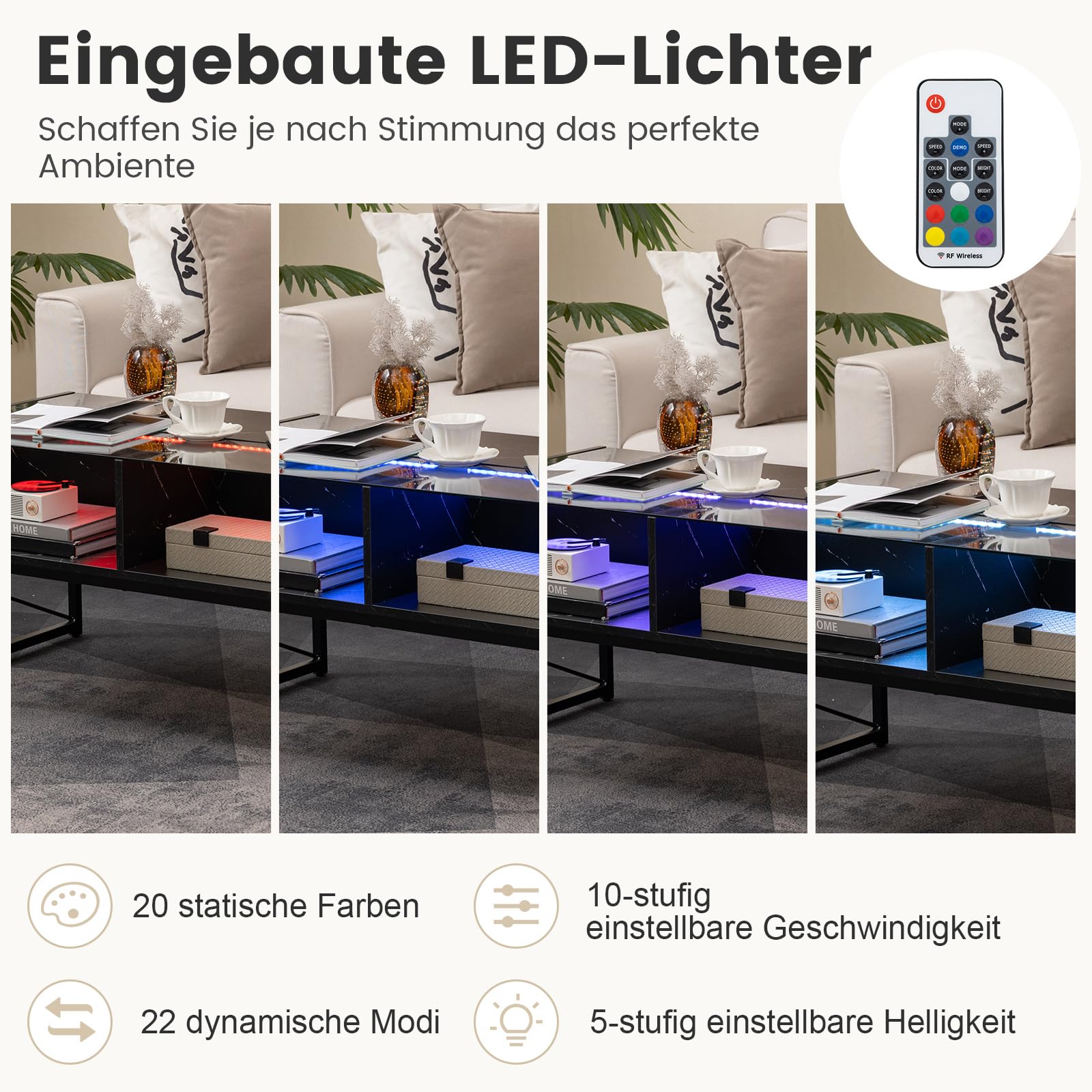 COSTWAY LED Couchtisch, Wohnzimmertisch Marmor Optik, Kaffeetisch mit einstellbaren Lichtfarben & Helligkeit, Fernbedienung und 4 Ablagefächern, Sofatisch für Wohnzimmer, 105 x 55 x 50 cm (Schwarz)