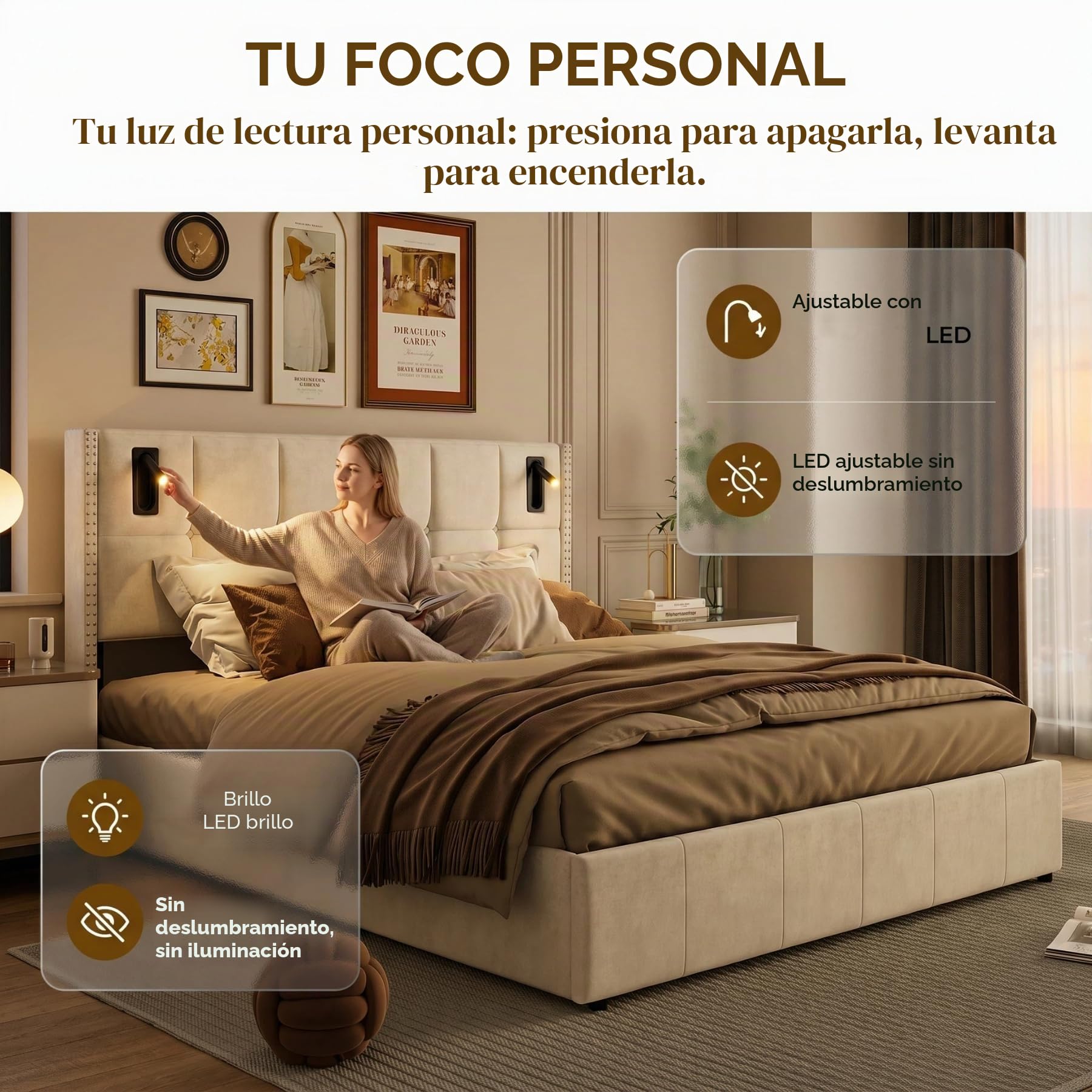 BRILVERDE Cama Tapizada 160x200 con Almacenamiento hidráulico, Cama matrimonial con lámpara de mesita, Cabecero Acolchado y Base de Láminas, Terciopelo (Beige, 160 x 200 cm)