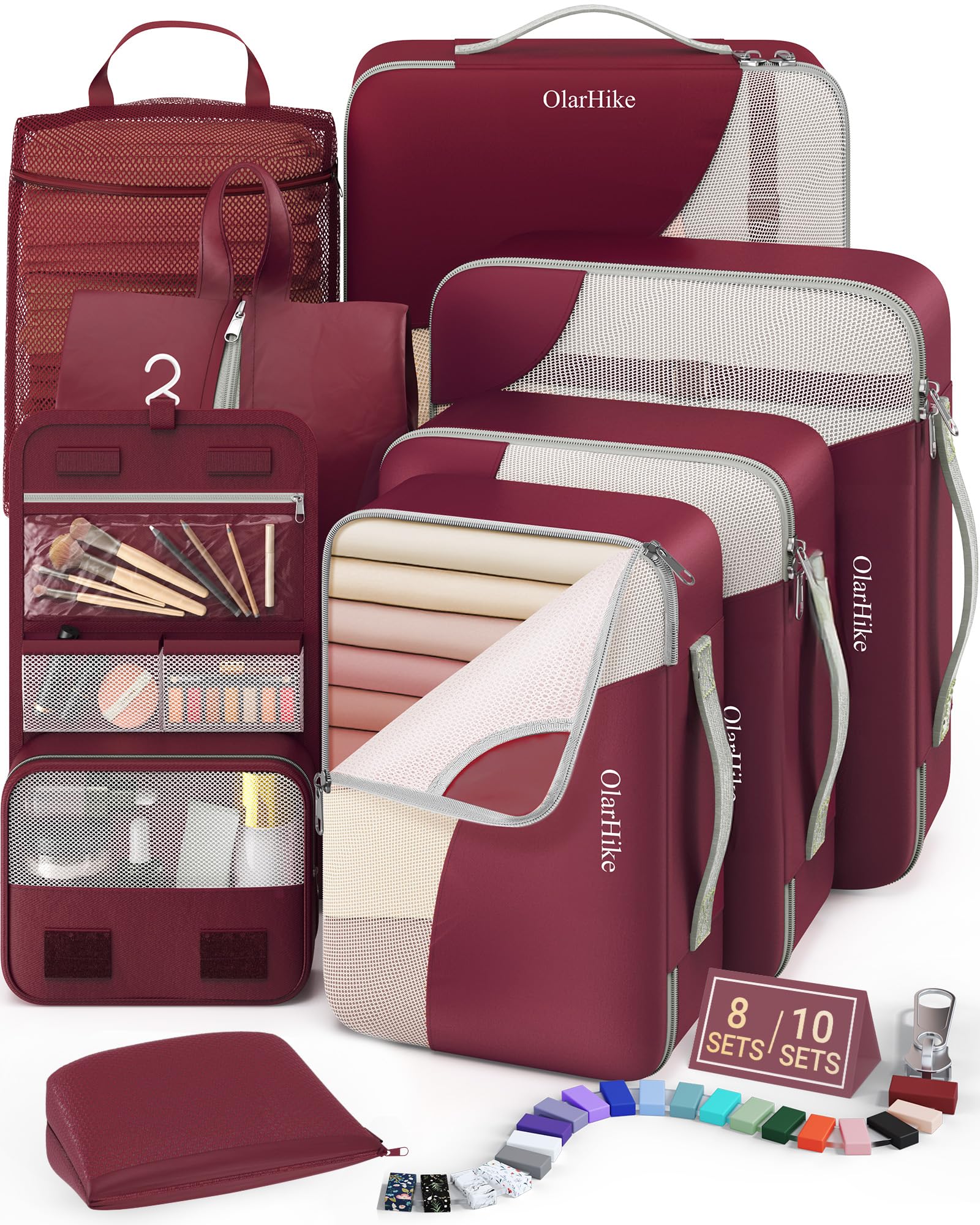 8 Set Packing Cubes for Travel, Gifts for Women Mom,Anti-Tearing Suitcase Organizer for Luggage with Shoe & Hanging Toiletry Bag,OlarHike Vacation Essentials & Accessories for Cruise Ship