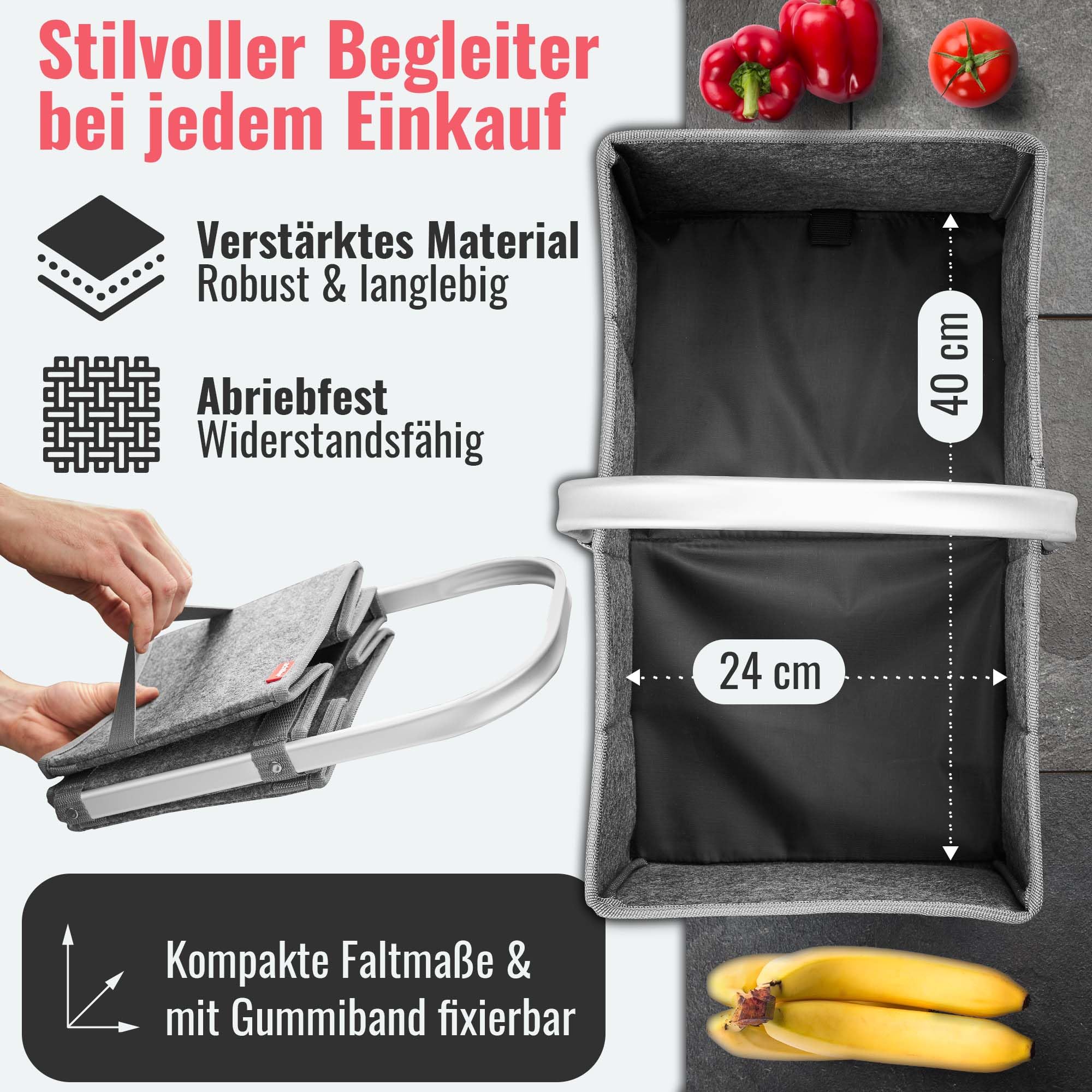 achilles Składany kosz na zakupy z filcu – składany kosz do noszenia z aluminiowym uchwytem – lekki i wytrzymały – kompaktowa torba na zakupy – 40 x 24 x 20 cm – szary